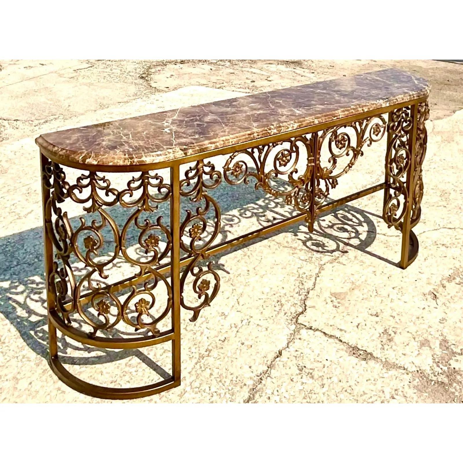Vintage Regency Stone Top Wrought Iron Console Table at 1stDibs