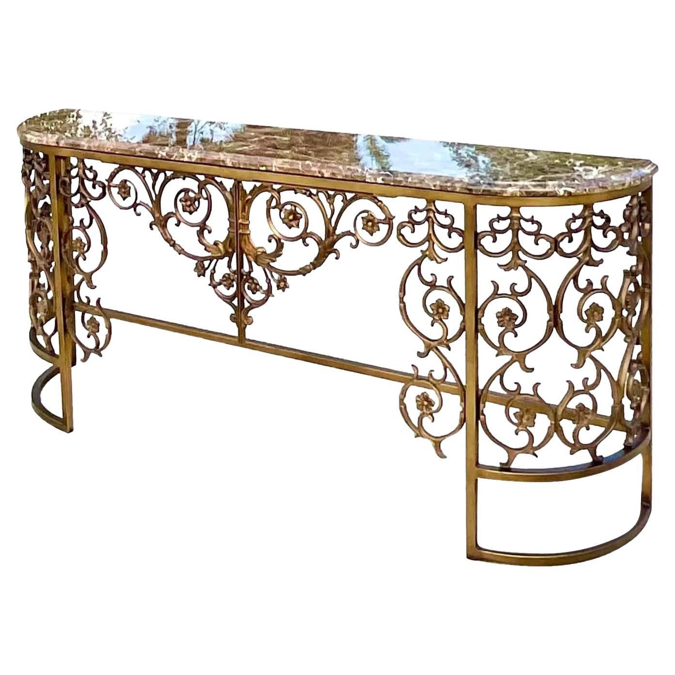 Vintage Regency Stone Top Wrought Iron Console Table