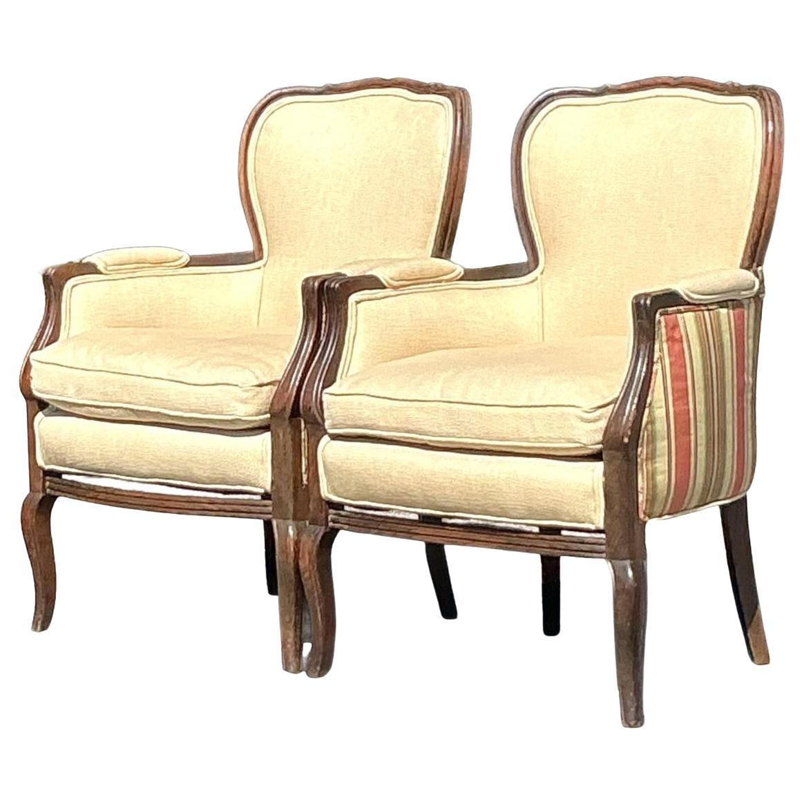 Vintage Regency Striped Bergere Chairs - A Pair