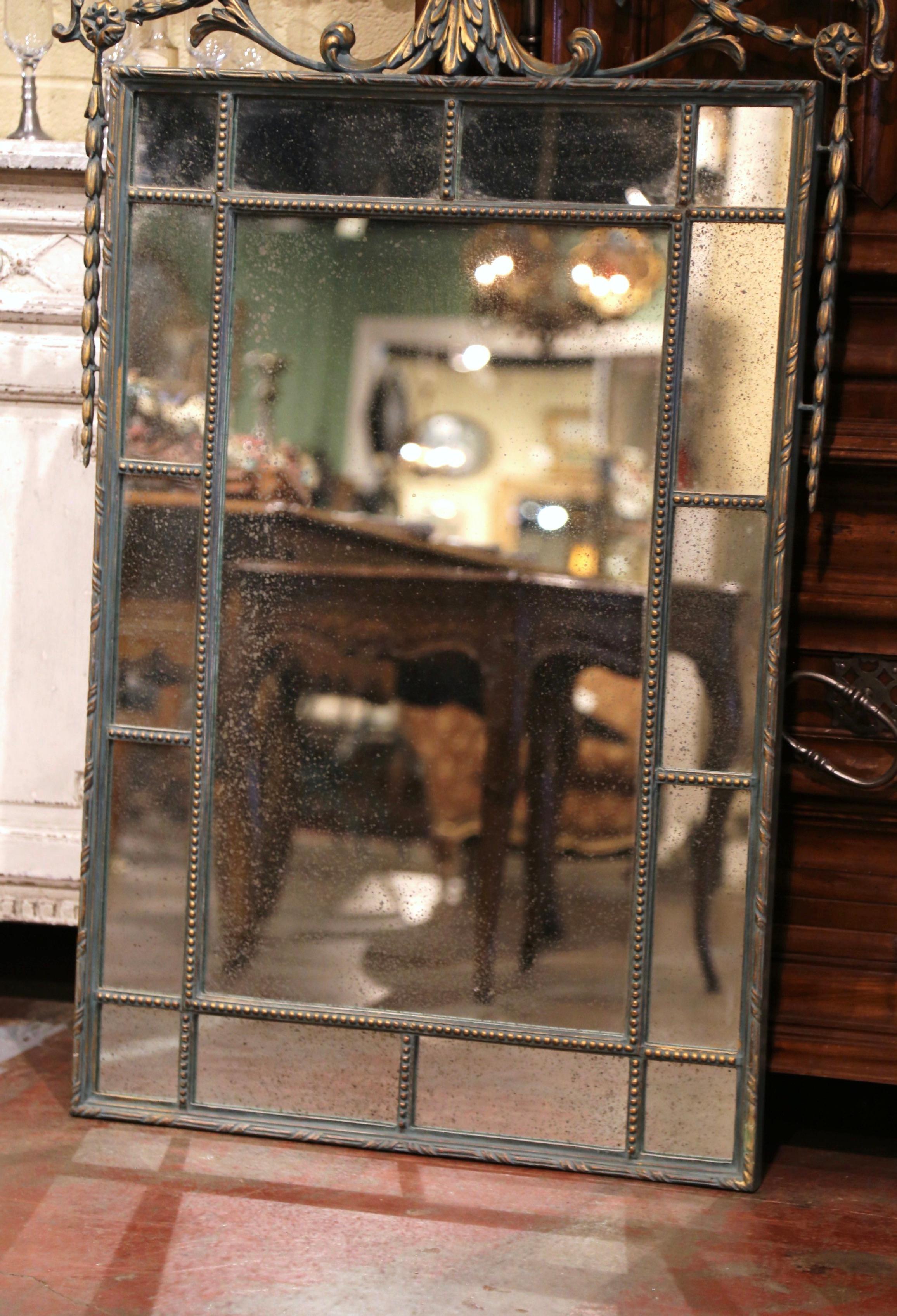 Vintage Regency Style Carved Verdigris and Gilt Wall Mirror with Smoked Glass For Sale 1