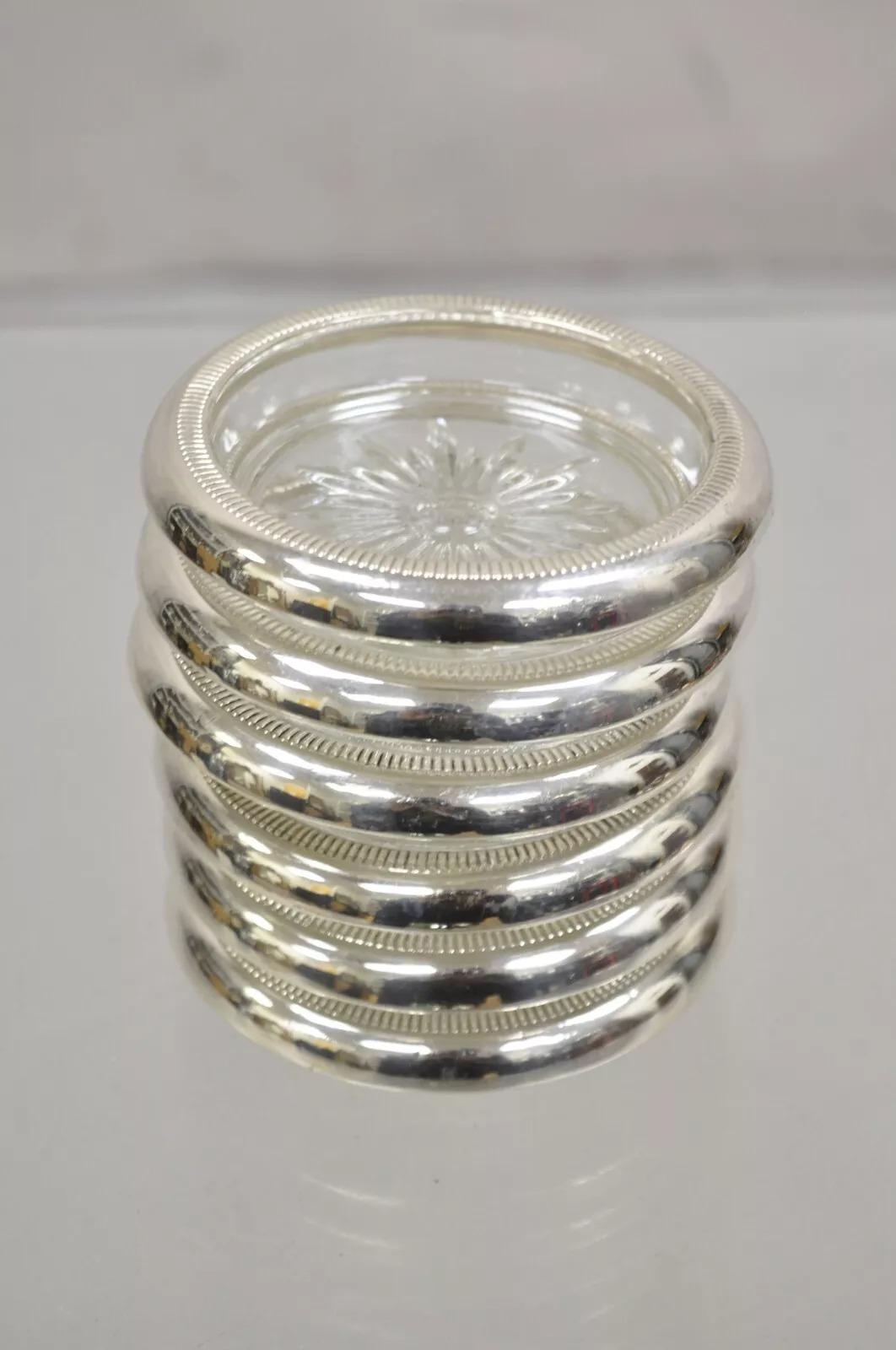 Posavasos de cristal estilo Regencia Vintage con bordes de plata de ley de Crown - 6 piezas Finales del siglo XX. Medidas: 0,5