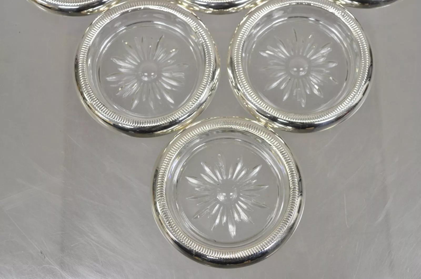Posavasos de cristal estilo Regencia Vintage con bordes de plata de ley de Crown- 6 unidades en Bueno estado para la venta en Philadelphia, PA