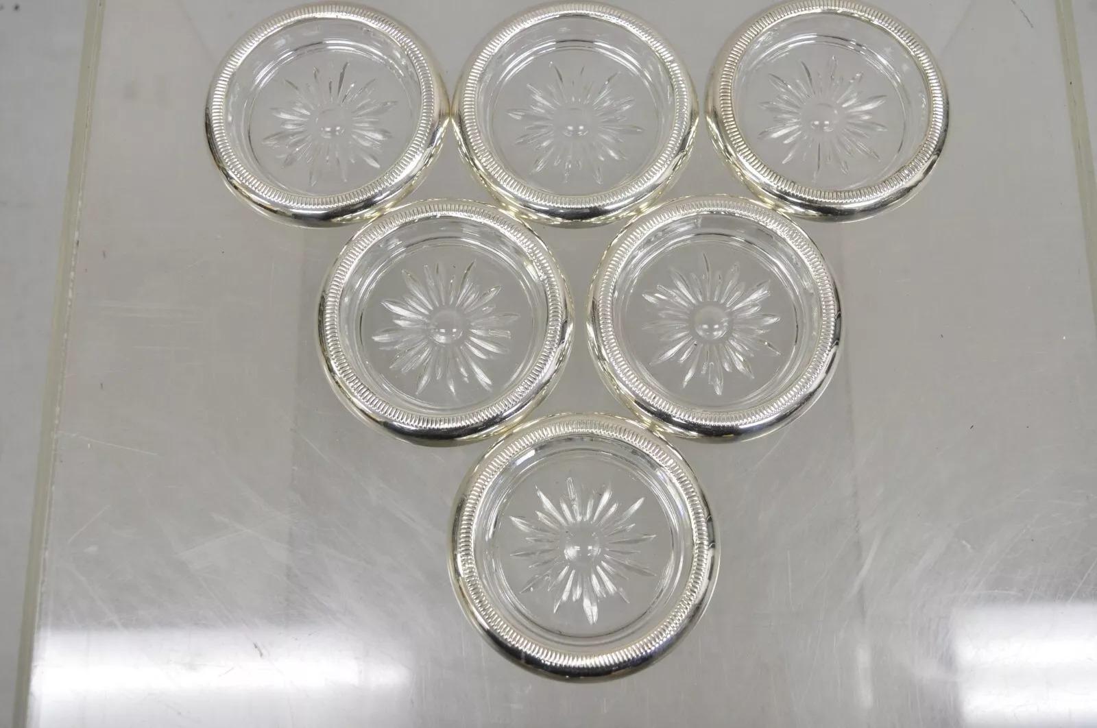 Posavasos de cristal estilo Regencia Vintage con bordes de plata de ley de Crown- 6 unidades Plata esterlina en venta