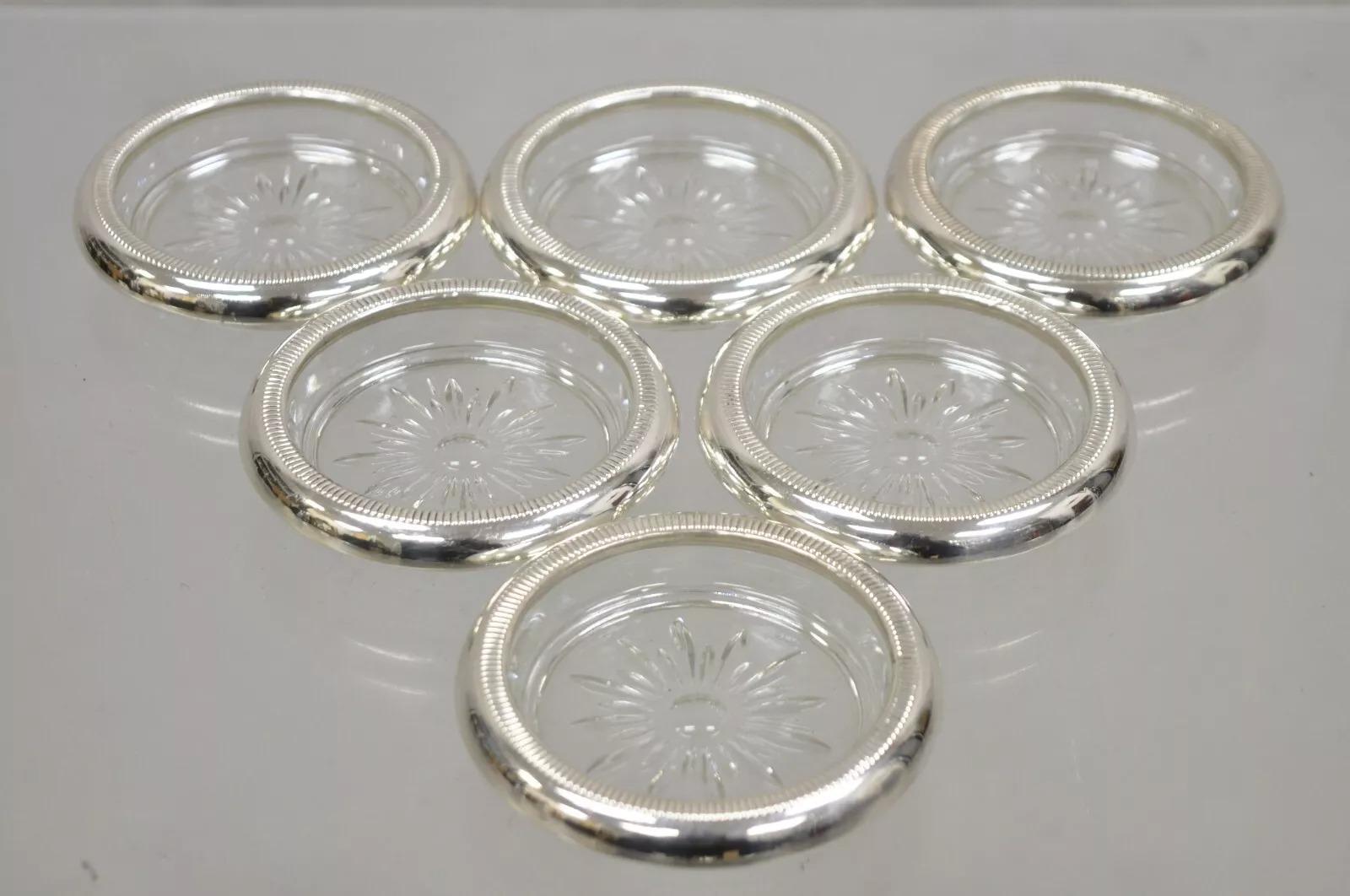 Posavasos de cristal estilo Regencia Vintage con bordes de plata de ley de Crown- 6 unidades en venta 1