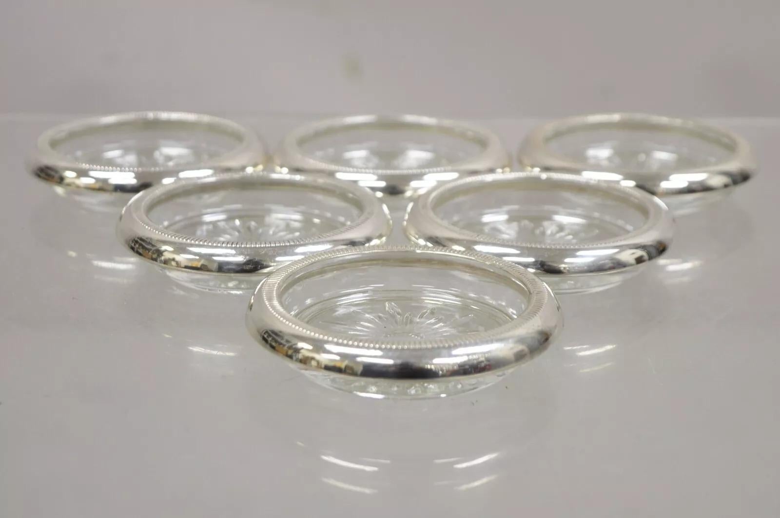 Posavasos de cristal estilo Regencia Vintage con bordes de plata de ley de Crown- 6 unidades en venta 2