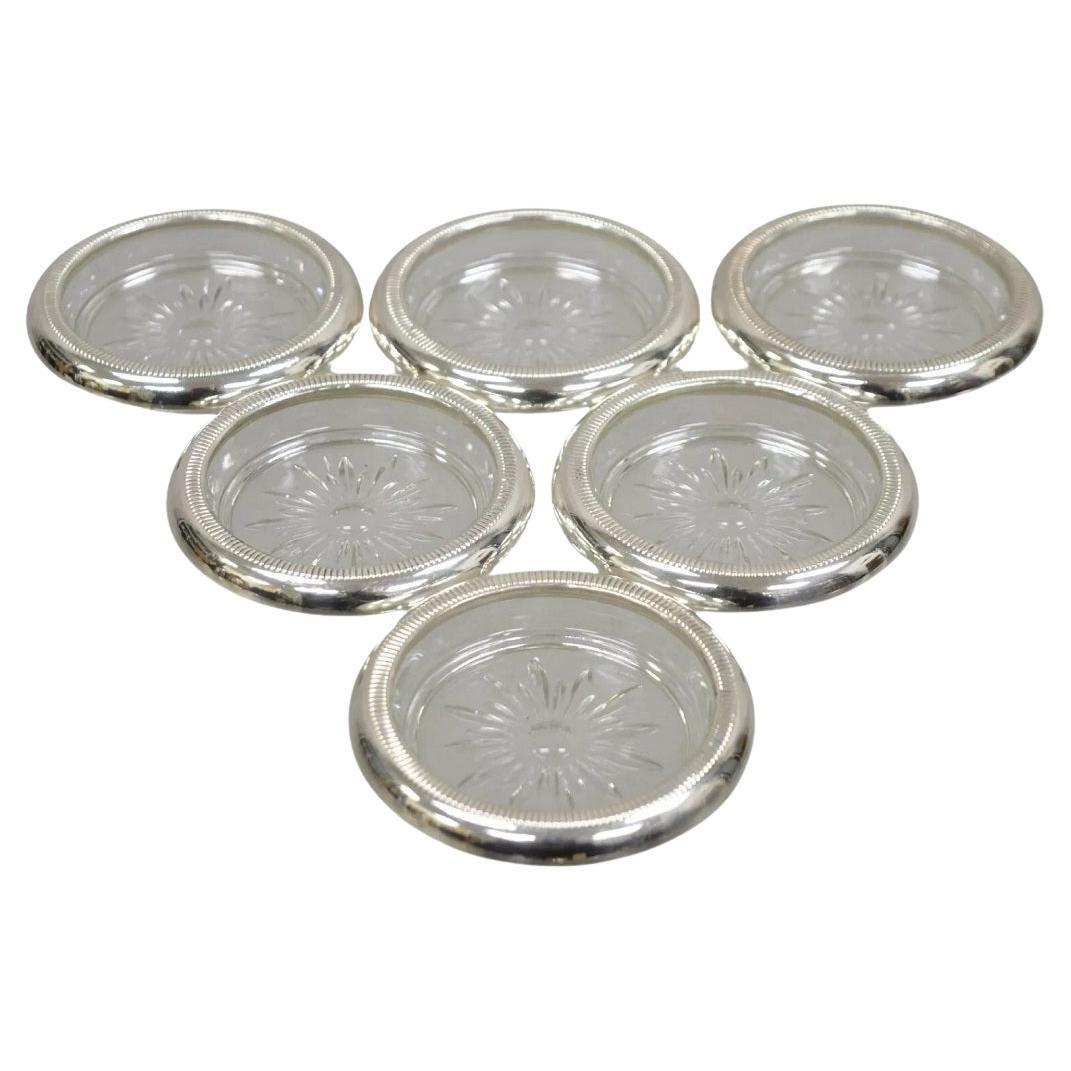 Posavasos de cristal estilo Regencia Vintage con bordes de plata de ley de Crown- 6 unidades en venta