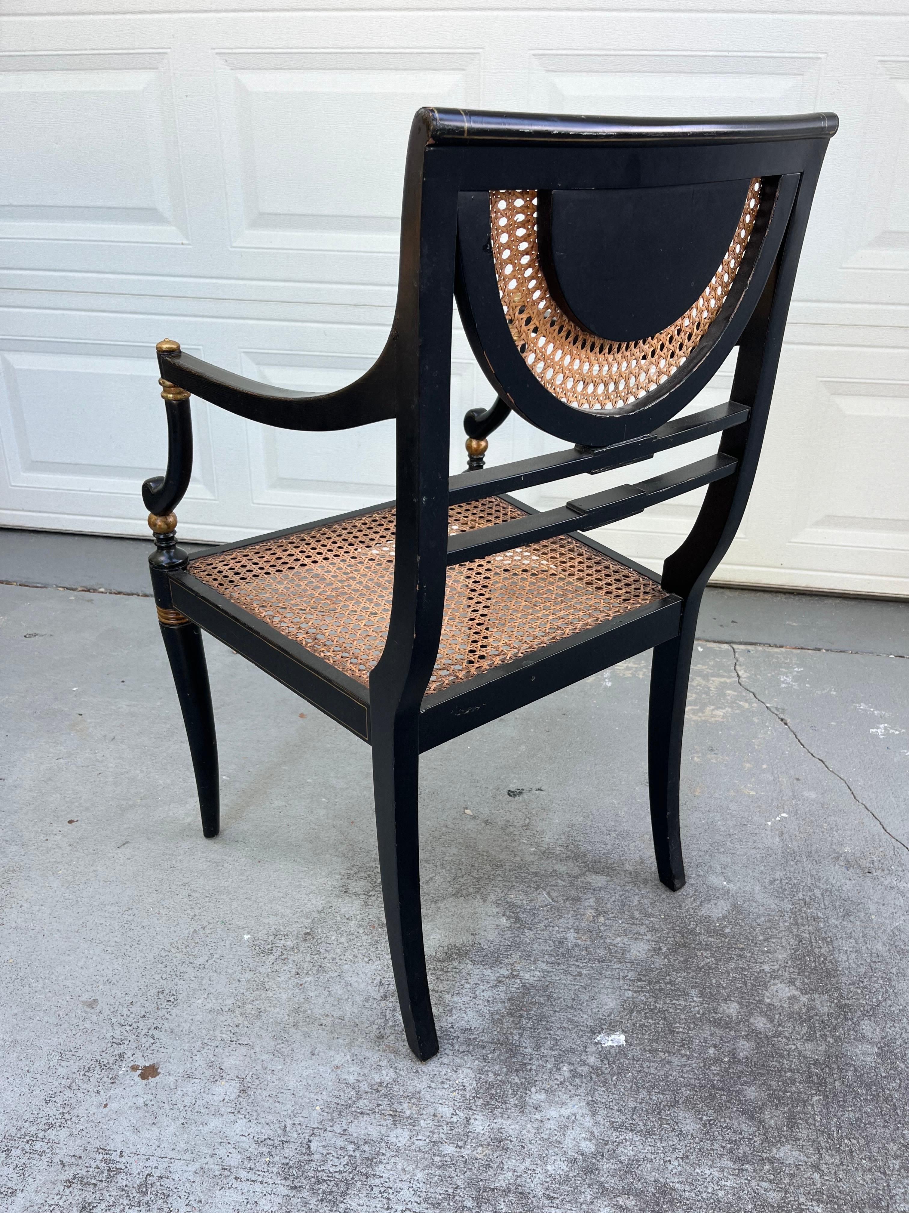 Vintage Regency Style Ebonized Armchair with Cane Seat. 3