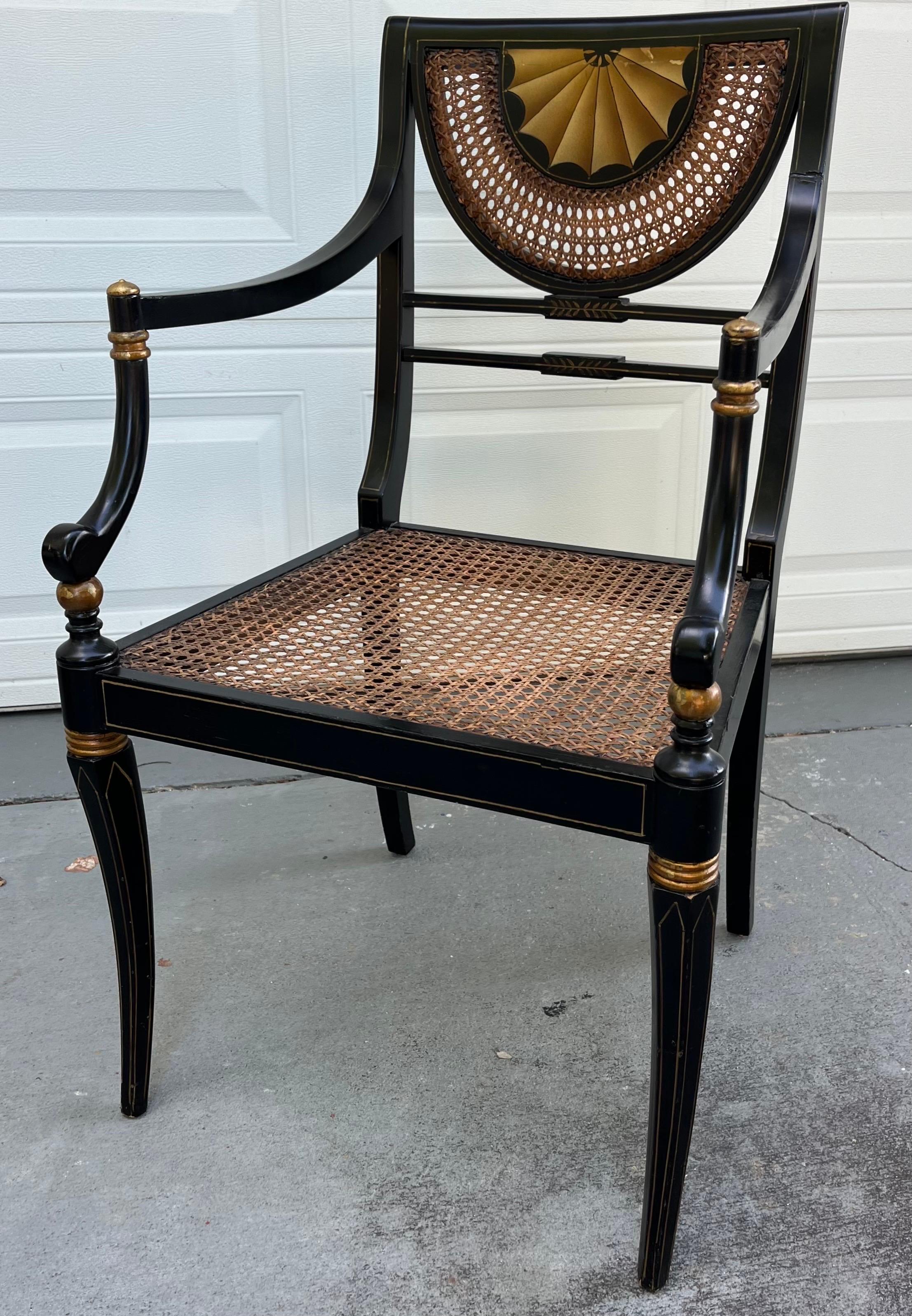 Vintage Regency Style Ebonized Armchair with Cane Seat. For Sale 4
