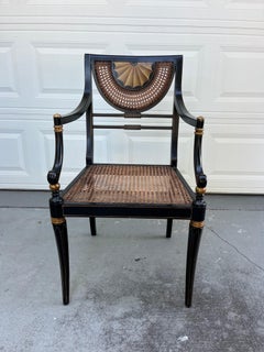 Vintage Regency Style Ebonized Armchair with Cane Seat.