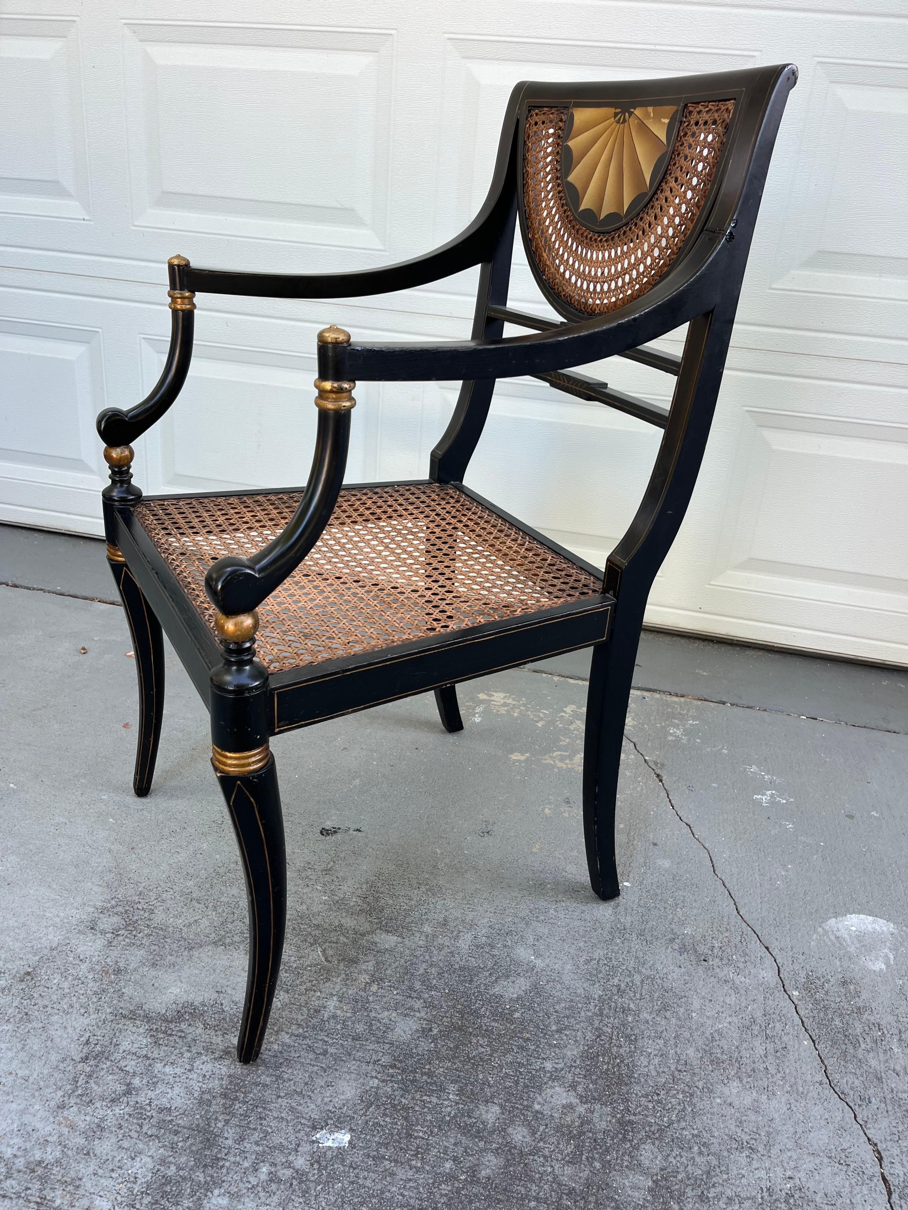 Hand-Painted Vintage Regency Style Ebonized Armchair with Cane Seat.