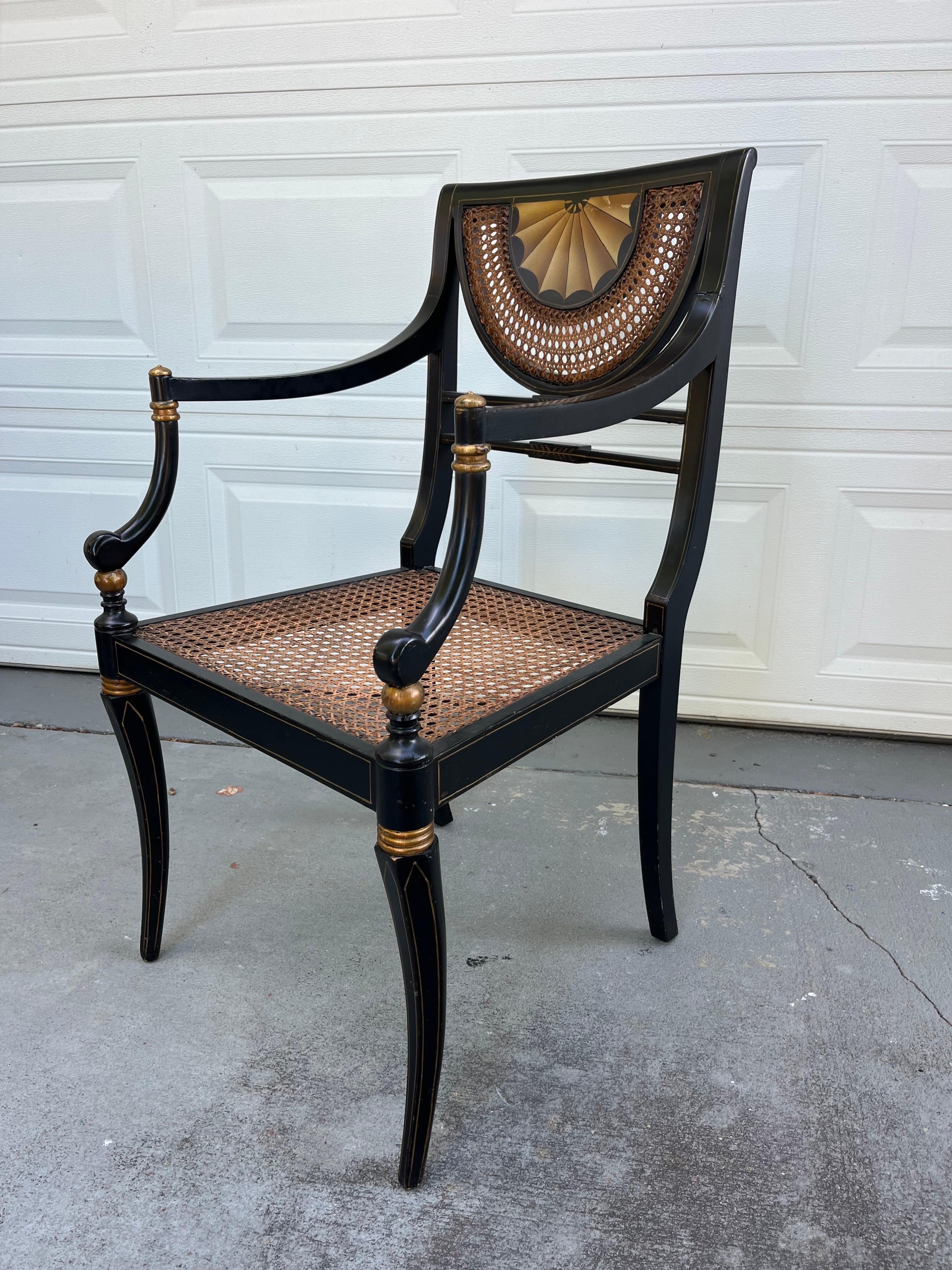 Vintage Regency Style Ebonized Armchair with Cane Seat. In Good Condition In Vero Beach, FL