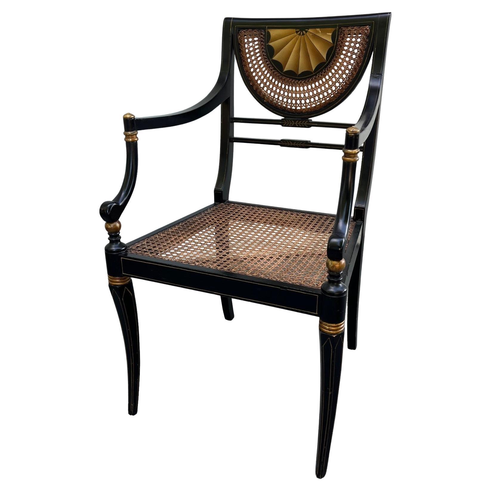 Vintage Regency Style Ebonized Armchair with Cane Seat. For Sale