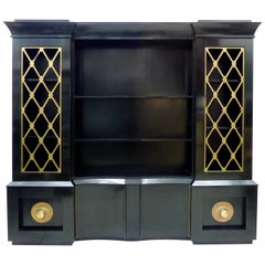 Vintage Regency Style Ebonized Breakfront Cabinet with Brass Grillwork