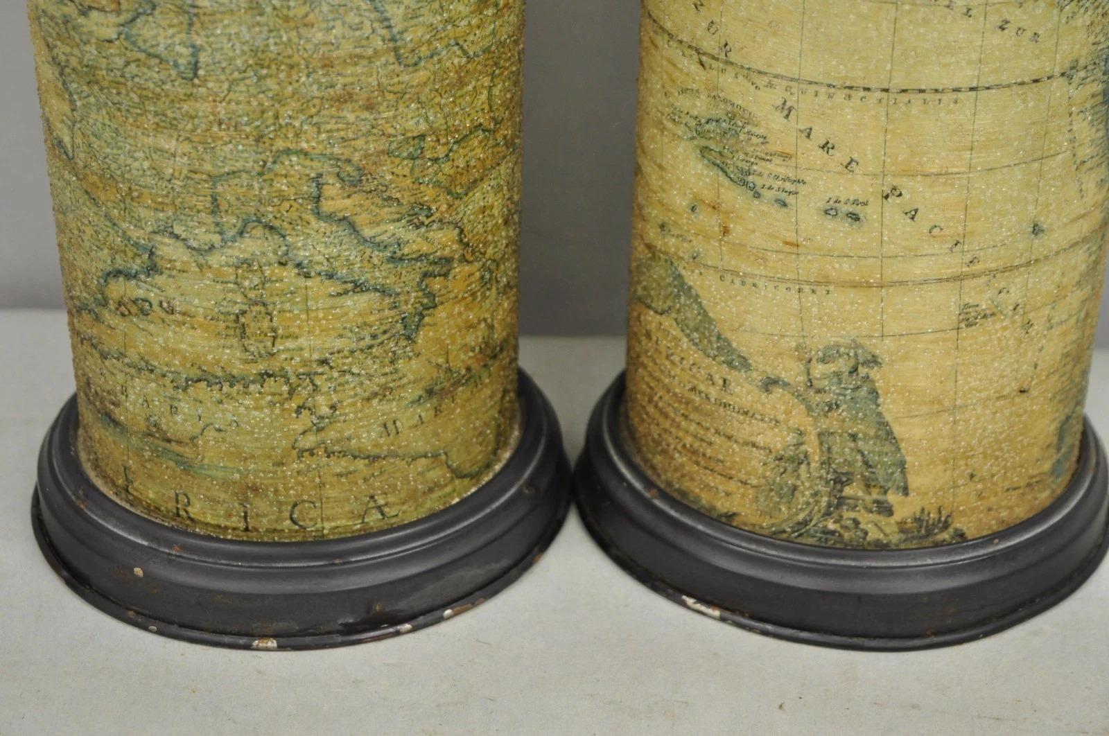 Vintage Regency Style European Old World Map Wrapped Cylinder Table Lamps - Pair For Sale 4
