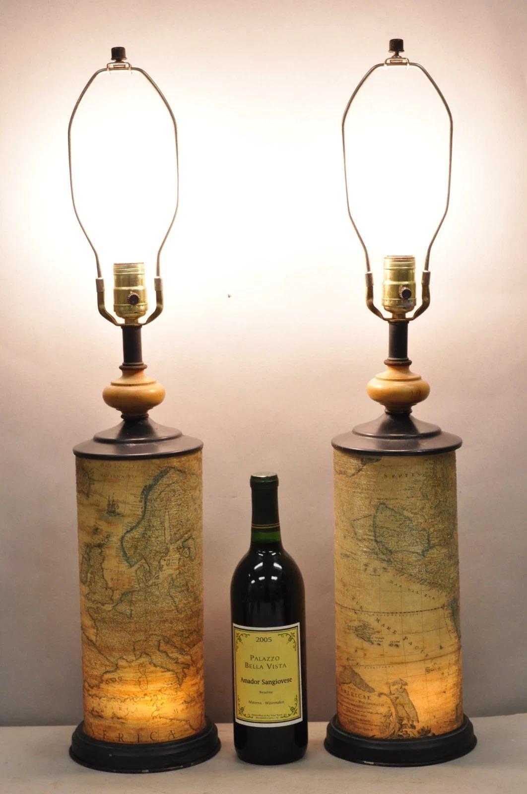 Vintage Regency Style European Old World Map Wrapped Cylinder Table Lamps - Pair For Sale 6