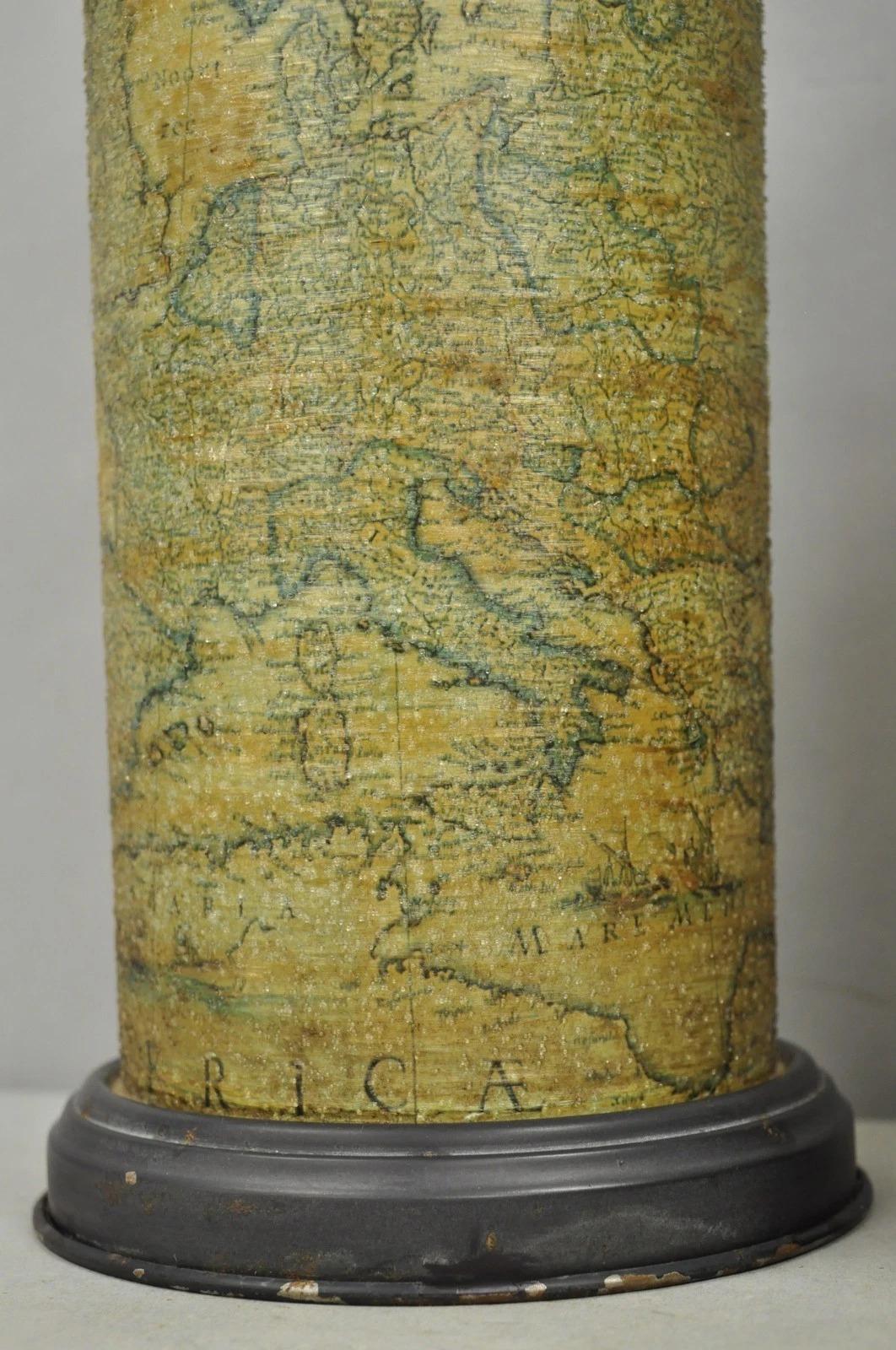 Vintage Regency Style European Old World Map Wrapped Cylinder Table Lamps - Pair For Sale 7