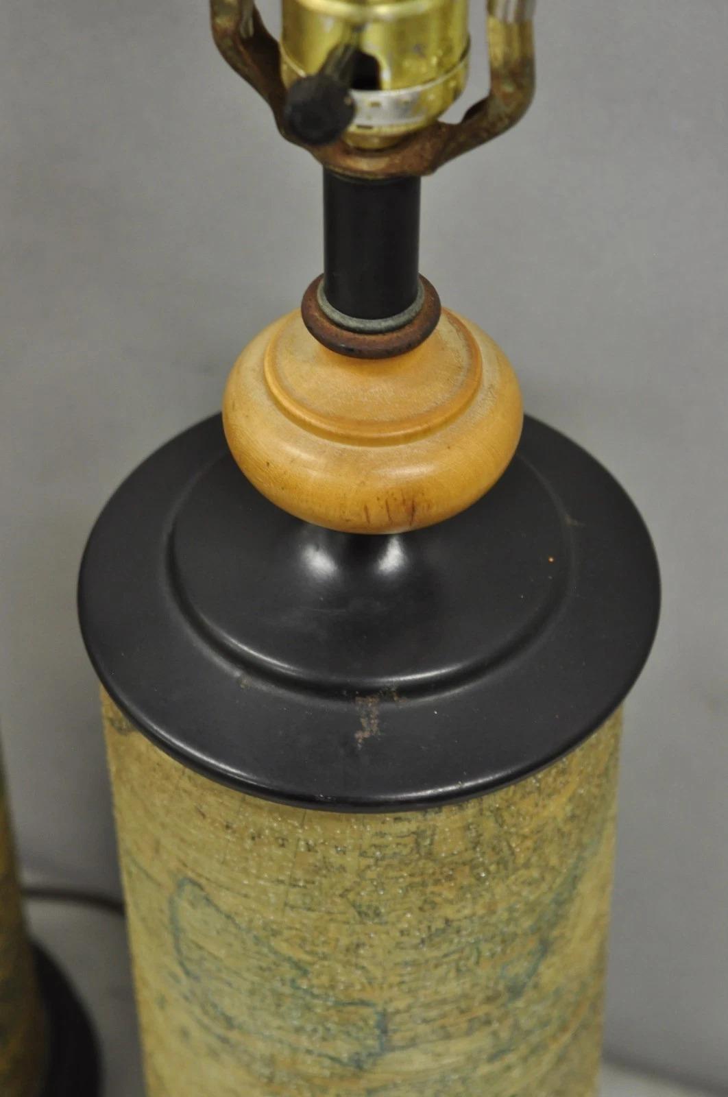 Vintage Regency Style European Old World Map Wrapped Cylinder Table Lamps - Pair For Sale 8
