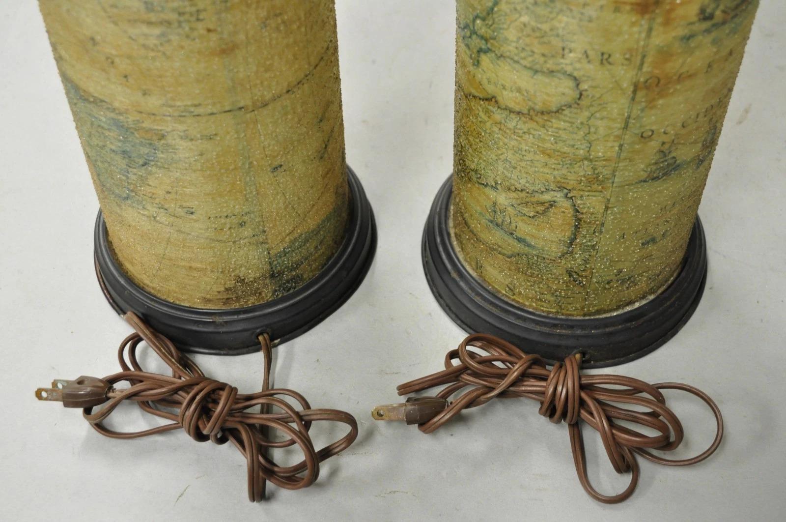 Vintage Regency Style European Old World Map Wrapped Cylinder Table Lamps - Pair For Sale 9
