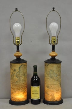 Vintage Regency Style European Old World Map Wrapped Cylinder Table Lamps - Pair