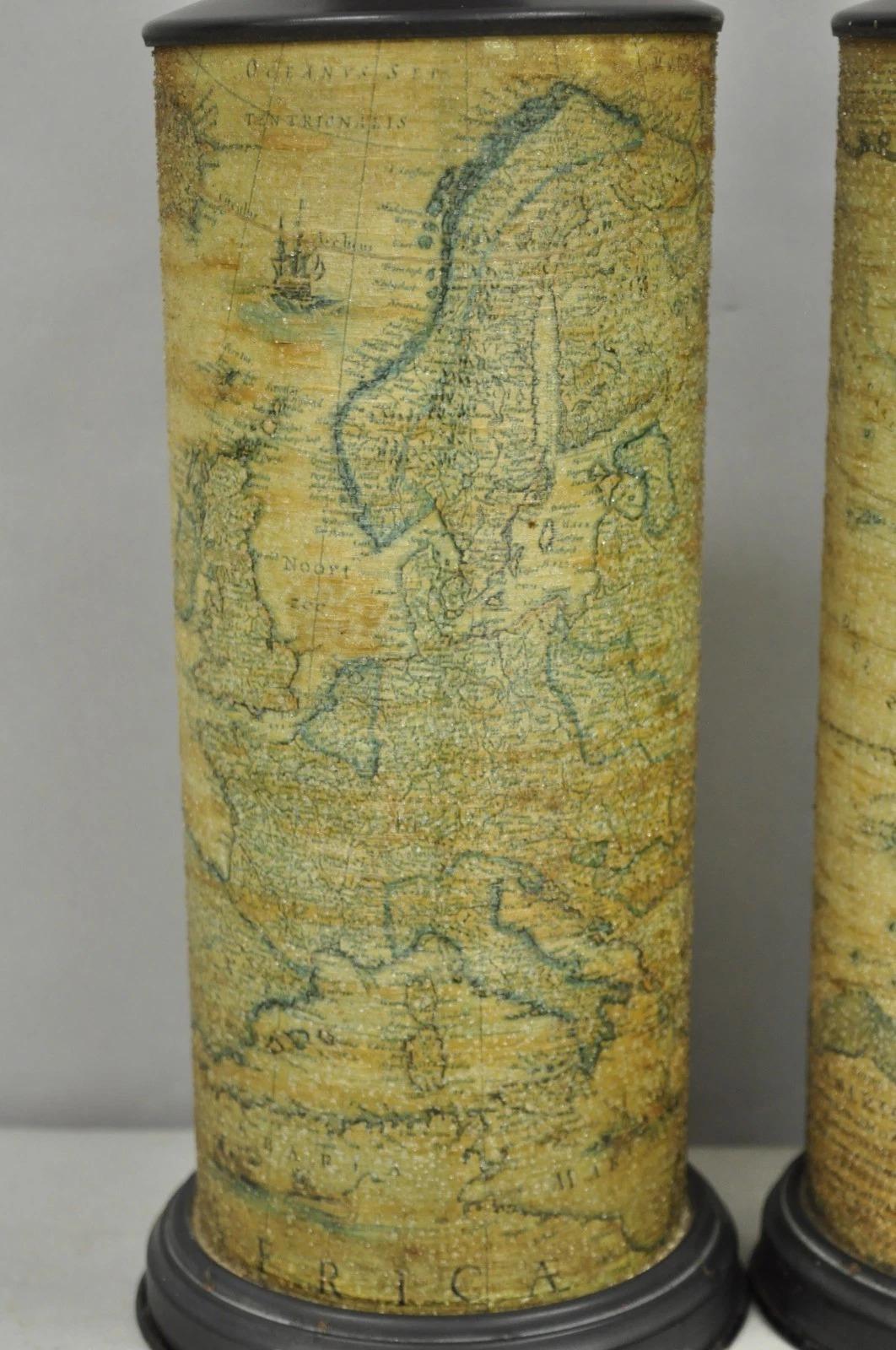 Vintage Regency Style European Old World Map Wrapped Cylinder Table Lamps - Pair In Good Condition For Sale In Philadelphia, PA