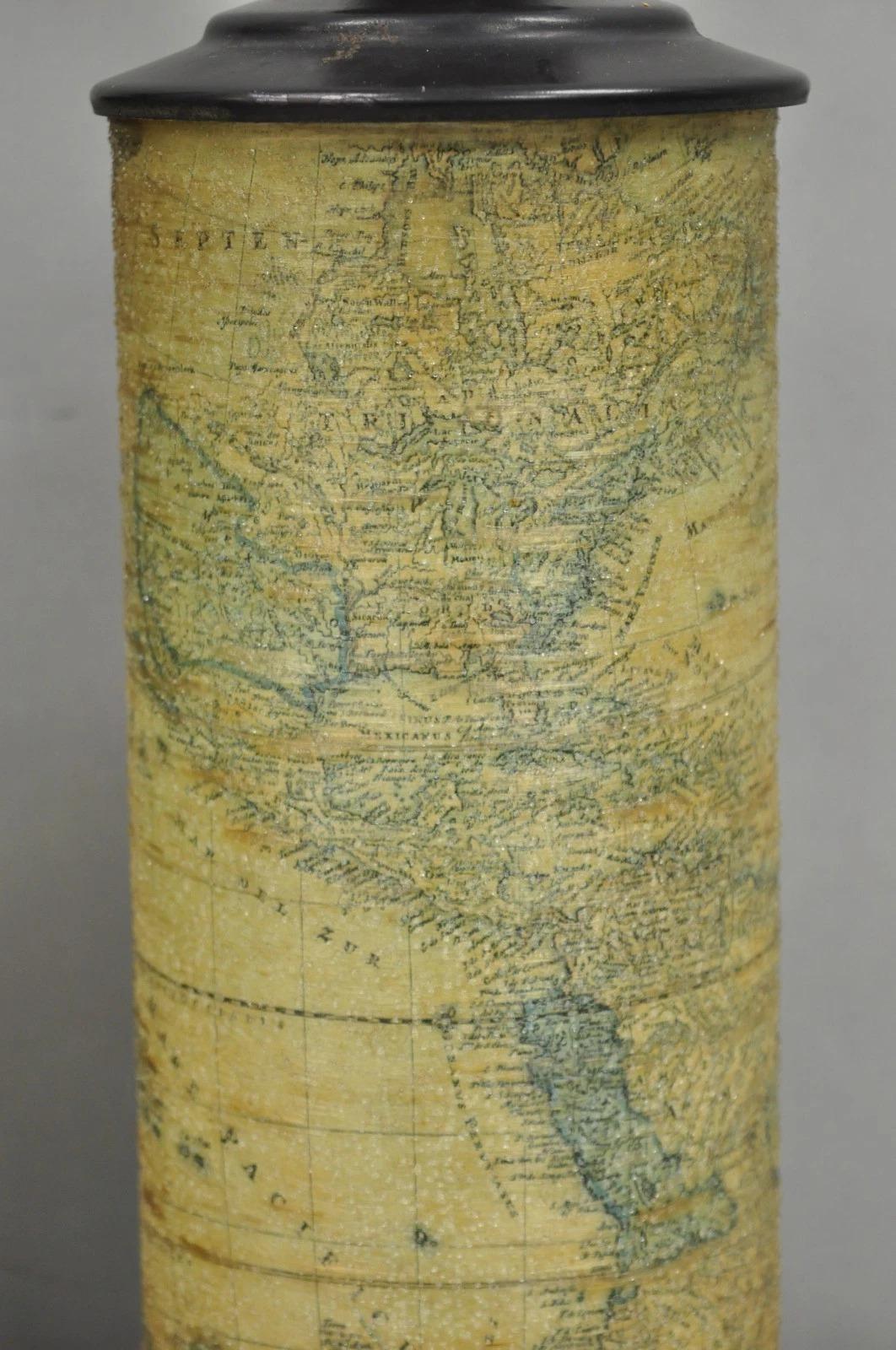 20th Century Vintage Regency Style European Old World Map Wrapped Cylinder Table Lamps - Pair For Sale