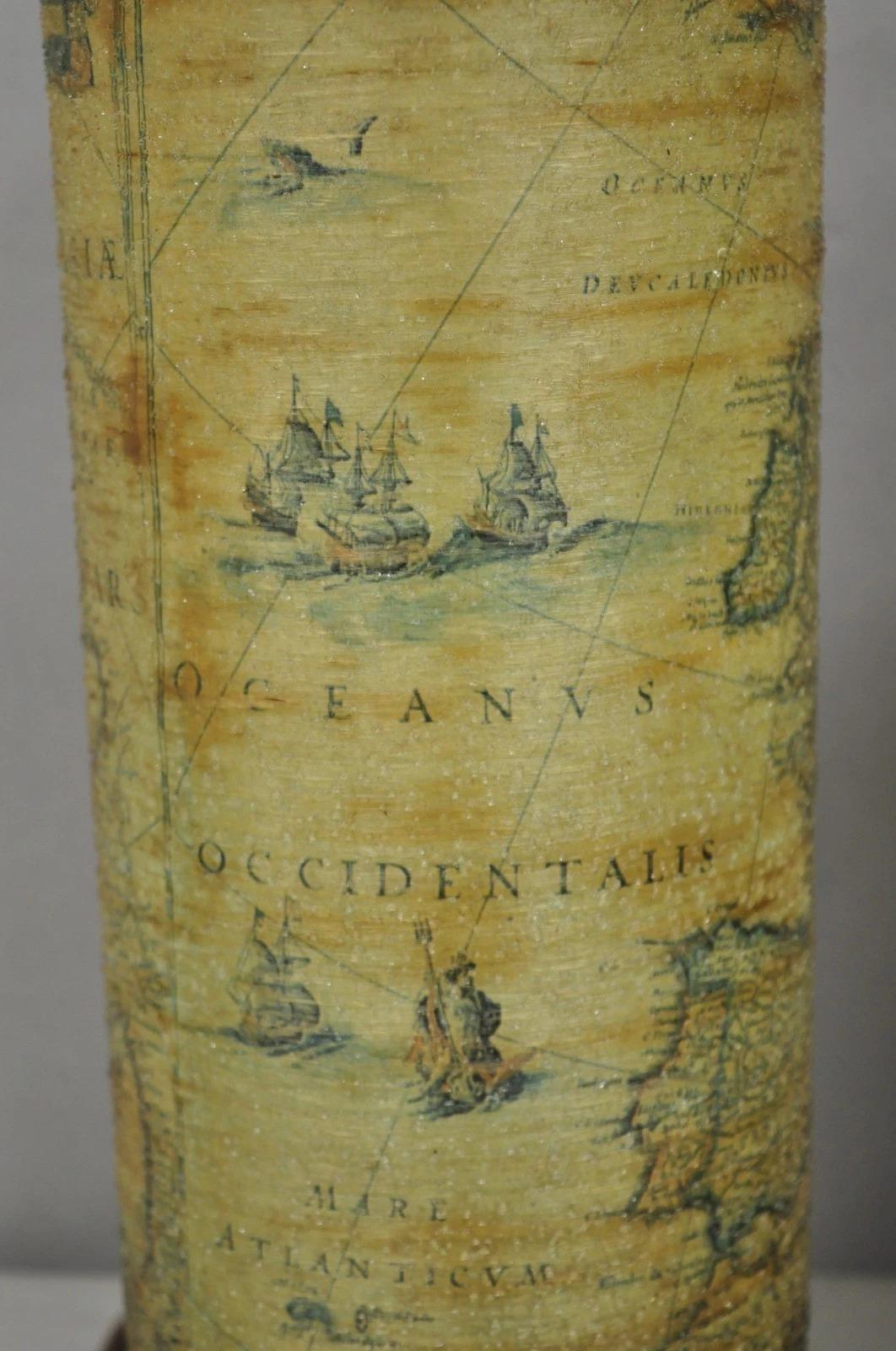 Metal Vintage Regency Style European Old World Map Wrapped Cylinder Table Lamps - Pair For Sale