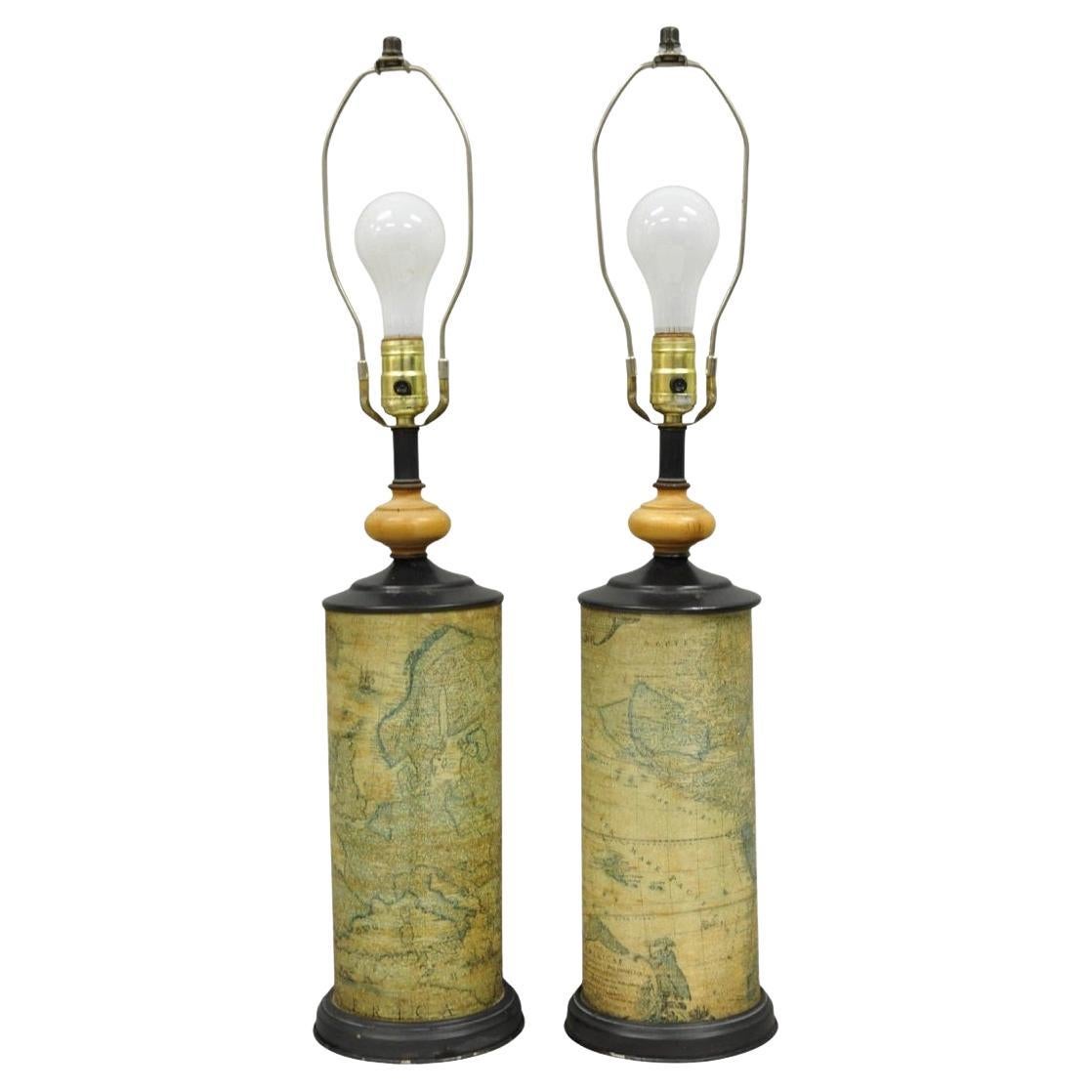 Vintage Regency Style European Old World Map Wrapped Cylinder Table Lamps - Pair For Sale