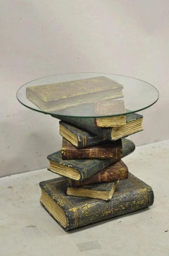Vintage Regency Style Figural Faux Stacked Book Form Round Glass Top Side Table