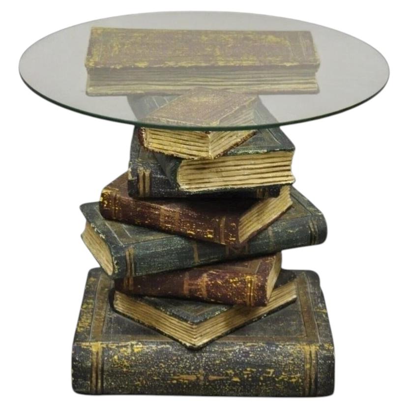 Vintage Regency Style Figural Faux Stacked Book Form Round Glass Top Side Table For Sale