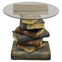 Vintage Regency Style Figural Faux Stacked Book Form Round Glass Top Side Table
