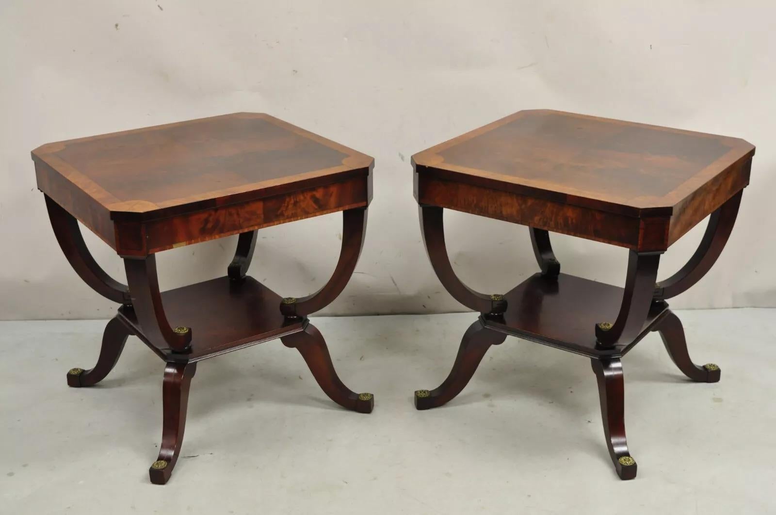 Vintage Regency Style Flamed Mahogany 2 Tier Square End Tables - a Pair 6