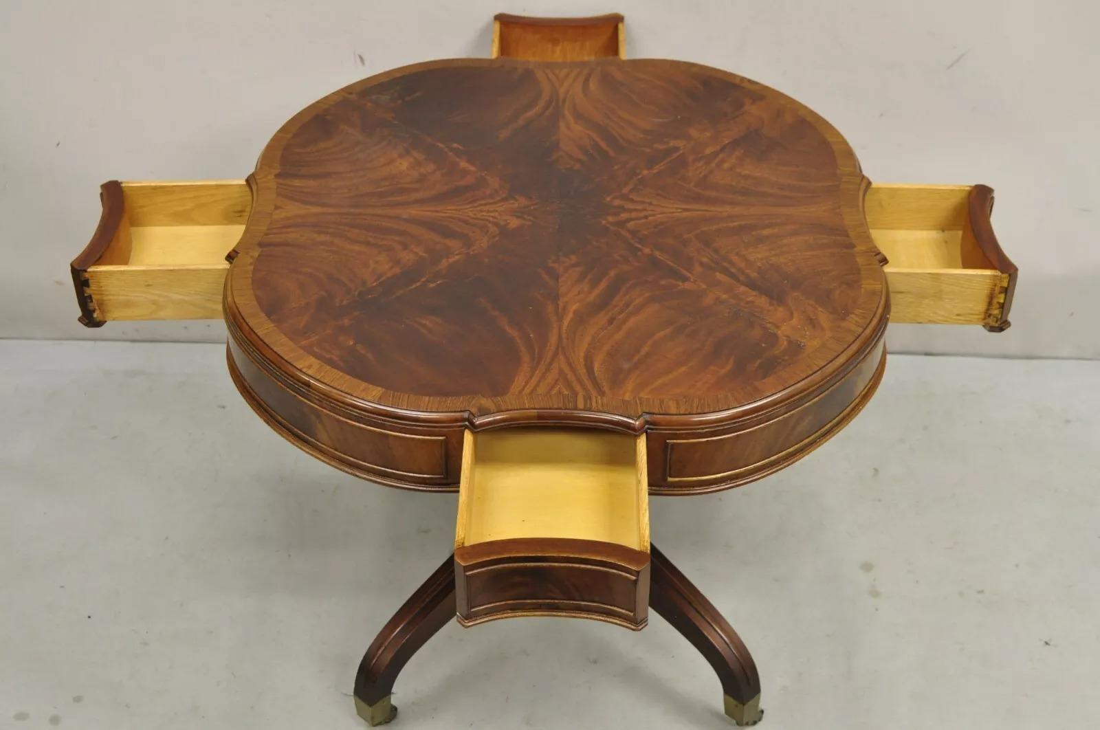 Vintage Regency Style Flamed Mahogany Four Drawer Pedestal Base Lamp Table For Sale 7