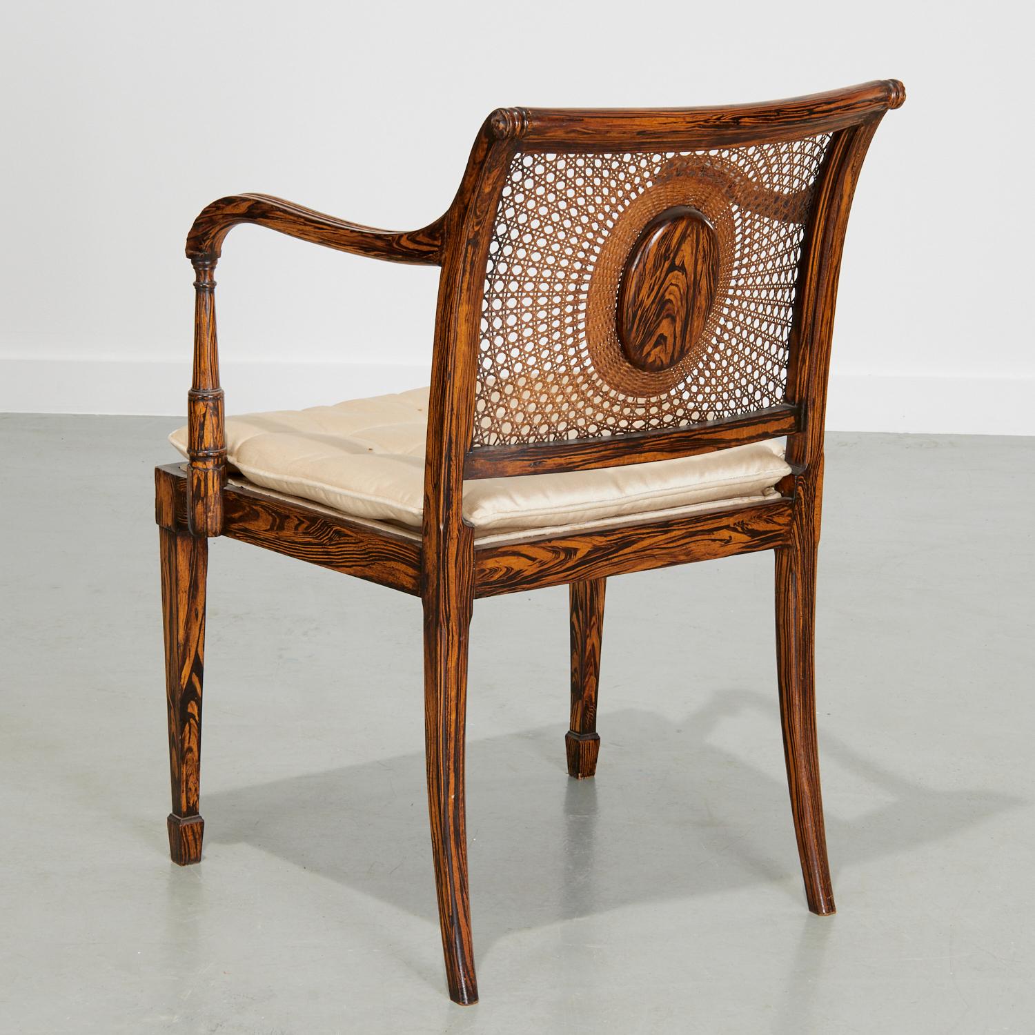 Mid-20th Century Vintage Regency Style Grain Painted Armchair with Cane Back and Upholstered Seat
