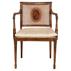 Vintage Regency Style Grain Painted Armchair with Cane Back and Upholstered Seat