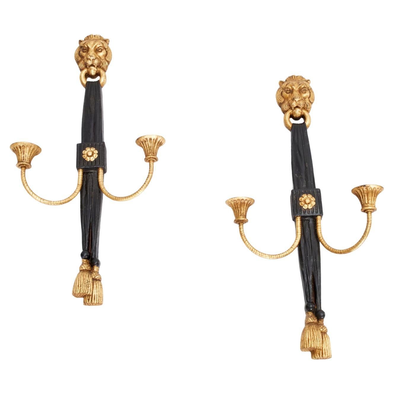 Sconcese a candela con maschera di leone e anello in stile reggenza vintage di Maitland Smith