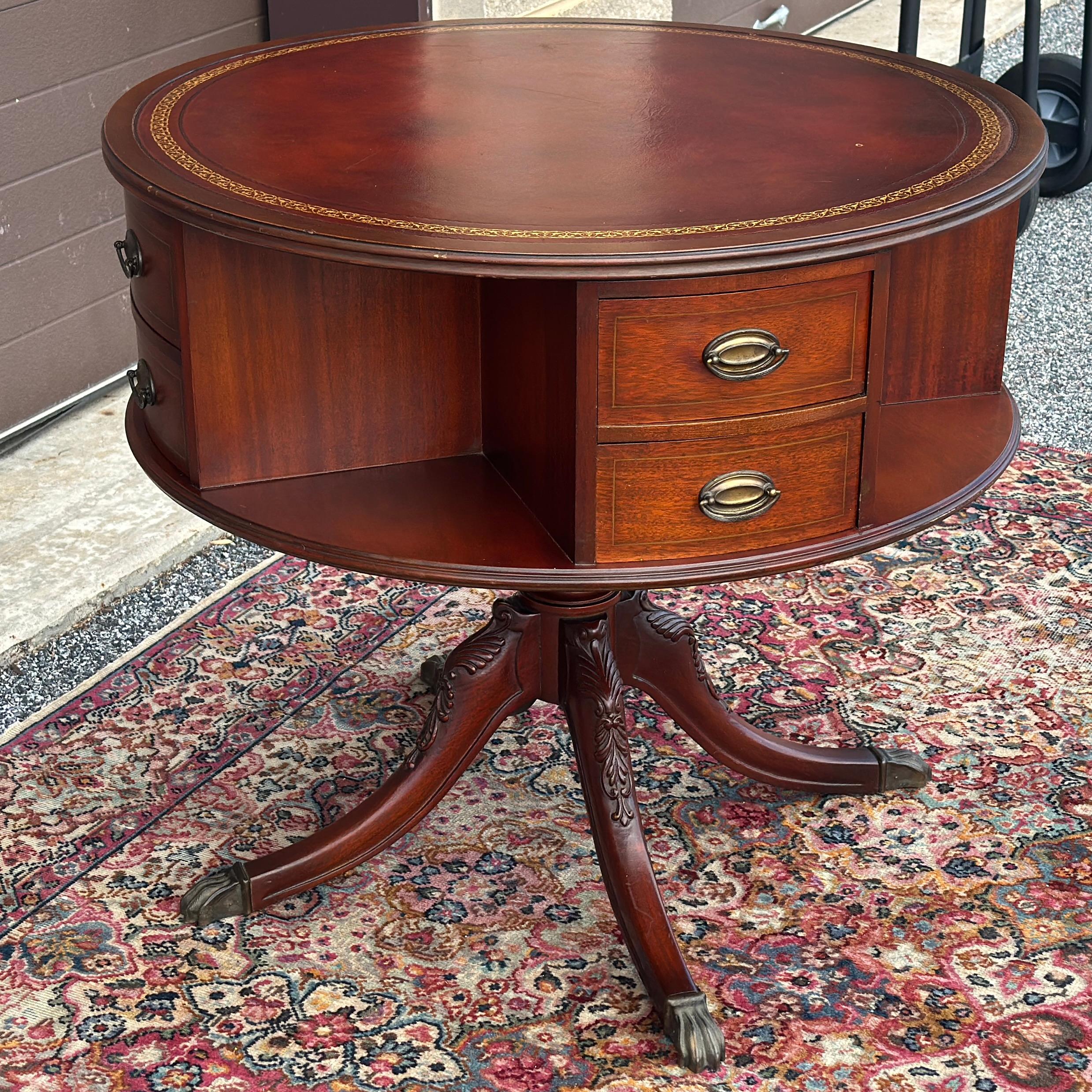 Vintage Regency Style Mahogany Rotating Drum Tooled Leather Top Rent Table For Sale 4