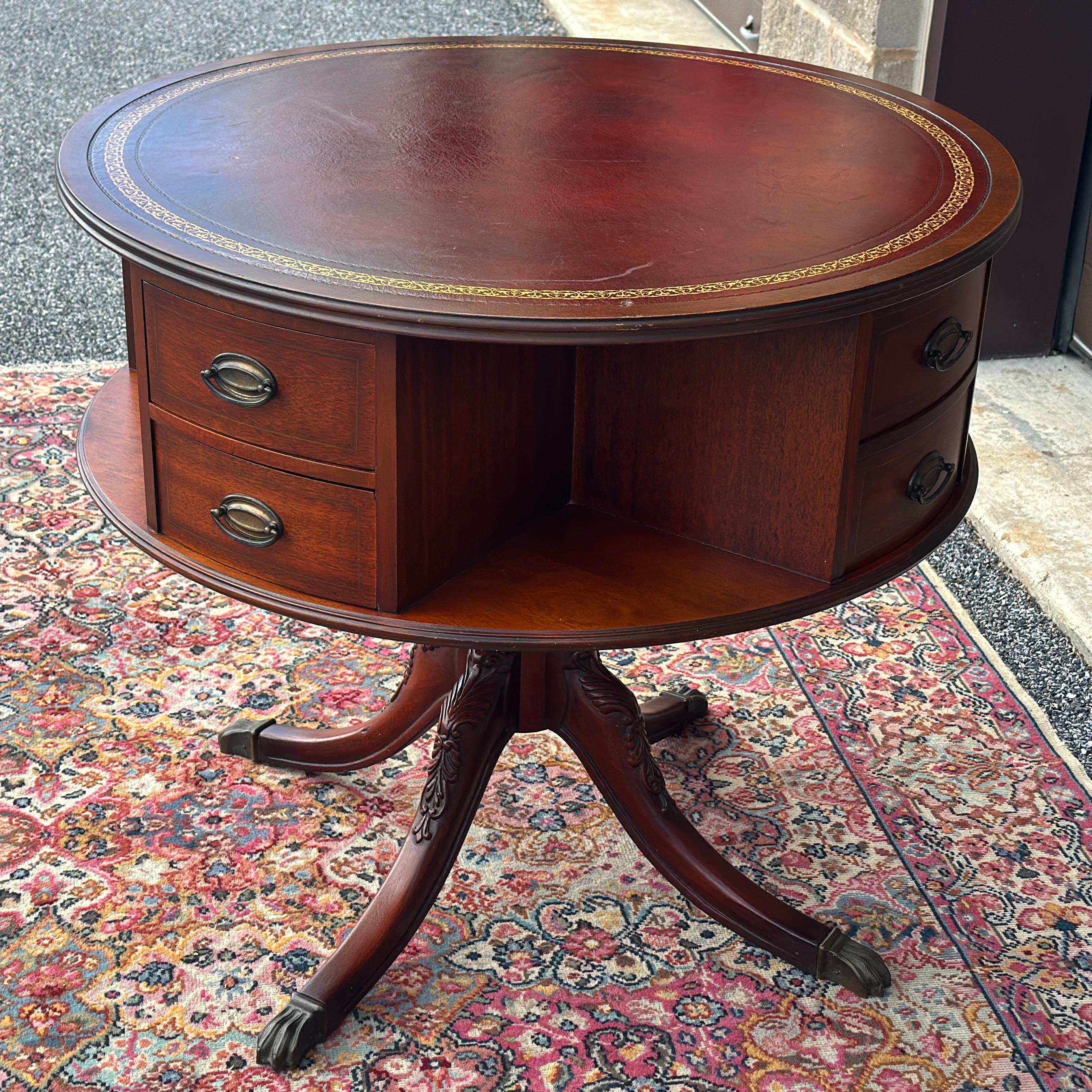 Vintage Regency Style Mahogany Rotating Drum Tooled Leather Top Rent Table For Sale 5