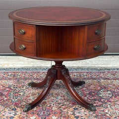 Vintage Regency Style Mahogany Rotating Drum Tooled Leather Top Rent Table