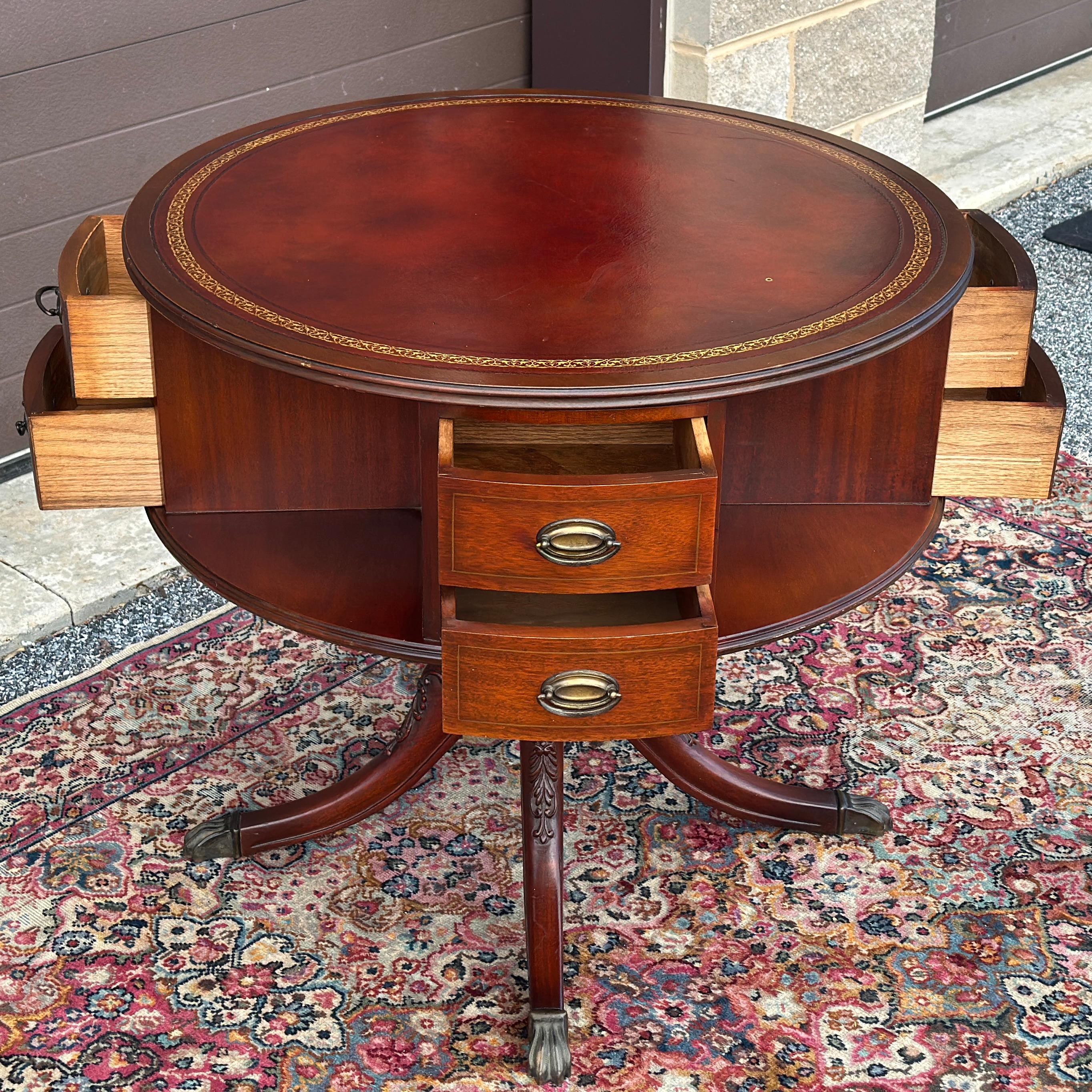 American Vintage Regency Style Mahogany Rotating Drum Tooled Leather Top Rent Table For Sale