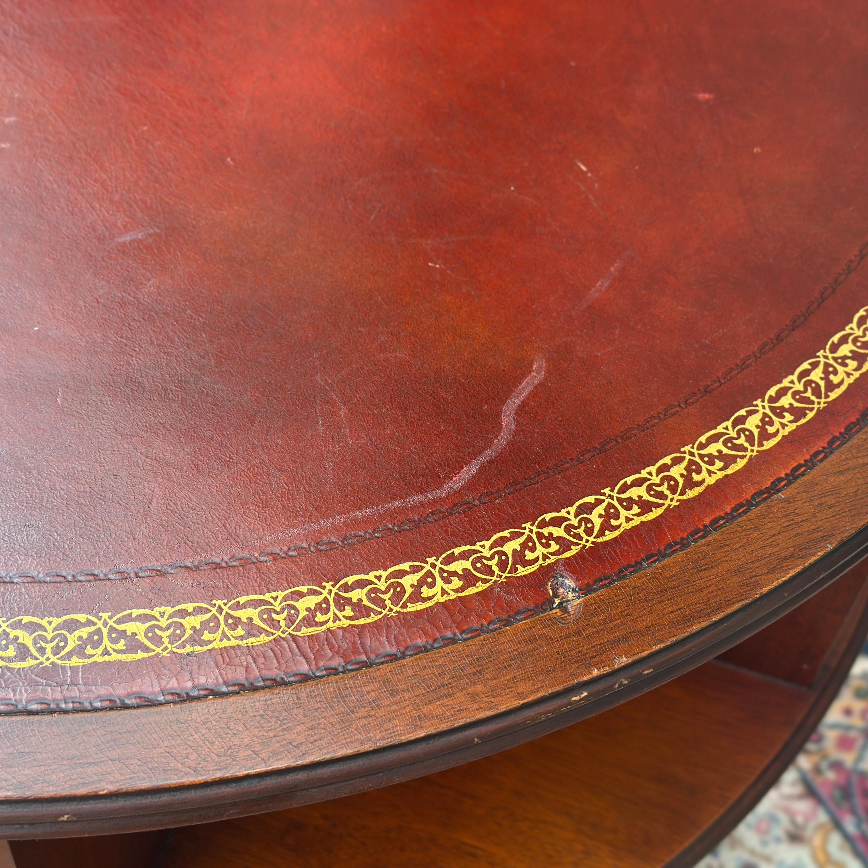 20th Century Vintage Regency Style Mahogany Rotating Drum Tooled Leather Top Rent Table For Sale