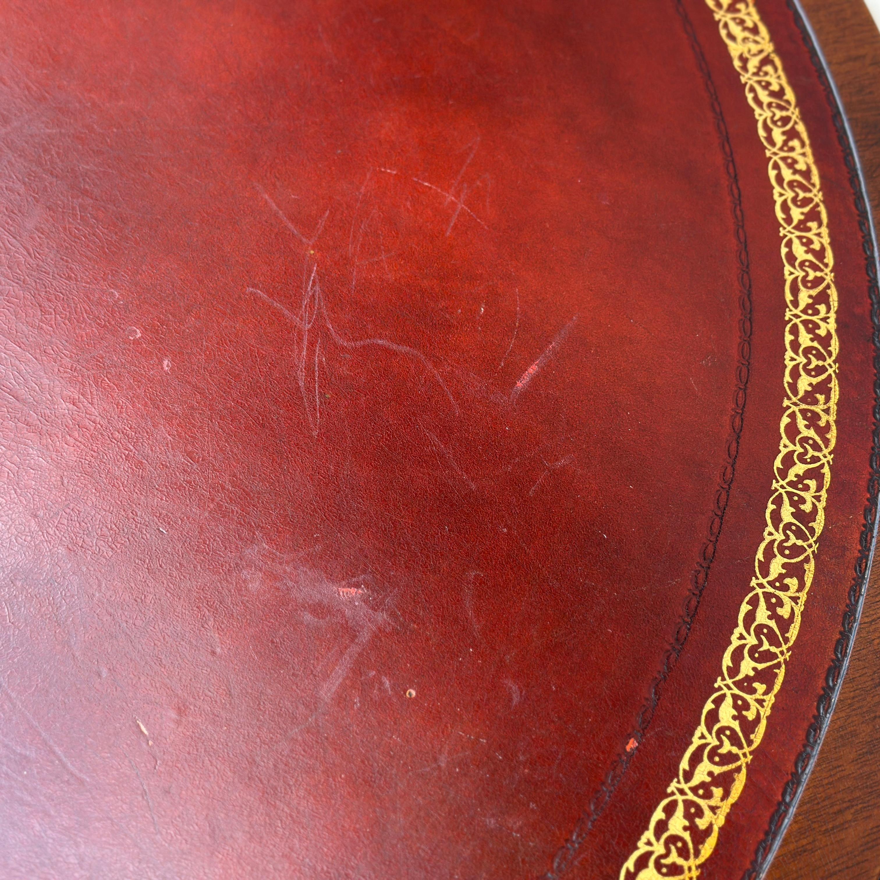 Vintage Regency Style Mahogany Rotating Drum Tooled Leather Top Rent Table For Sale 1