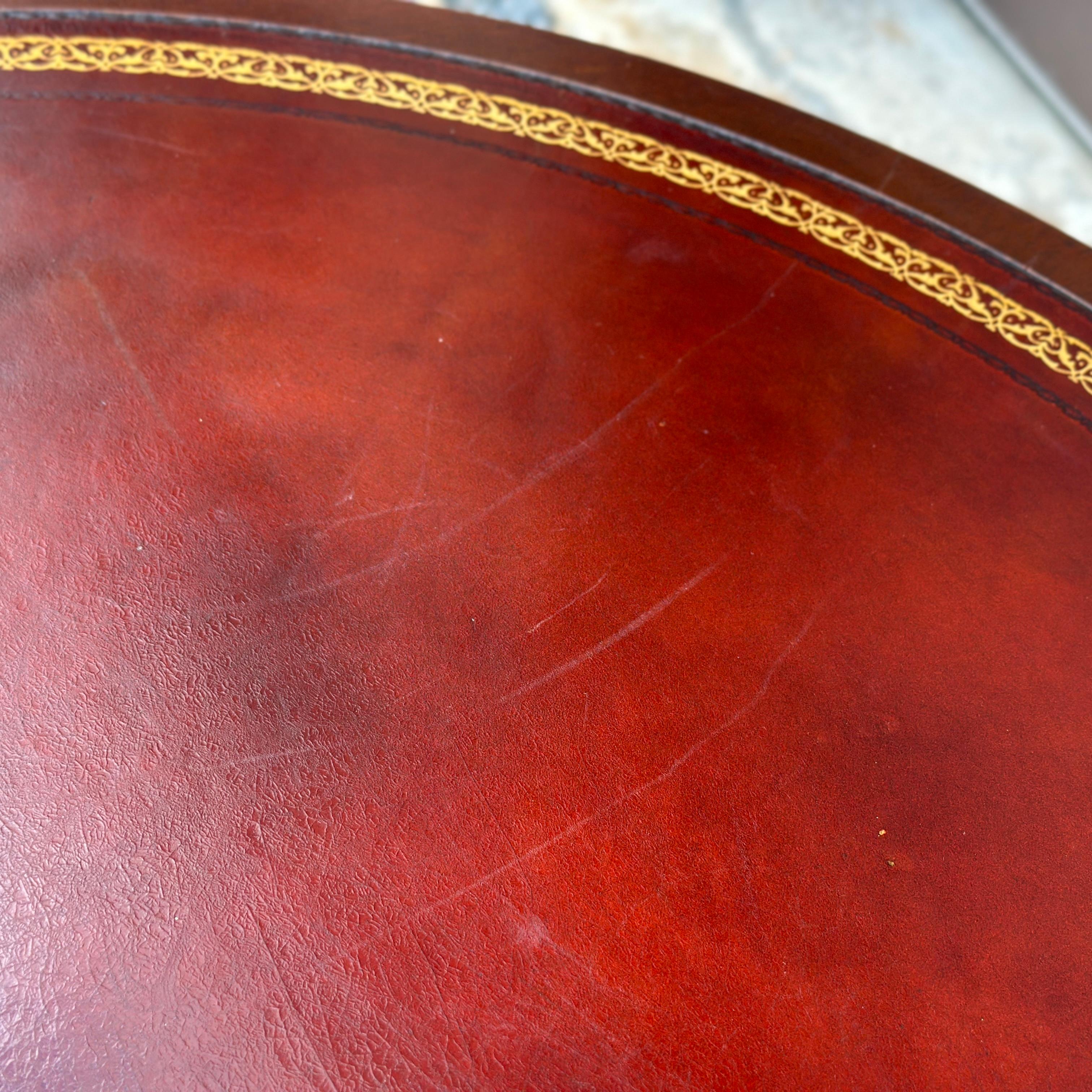 Vintage Regency Style Mahogany Rotating Drum Tooled Leather Top Rent Table For Sale 2