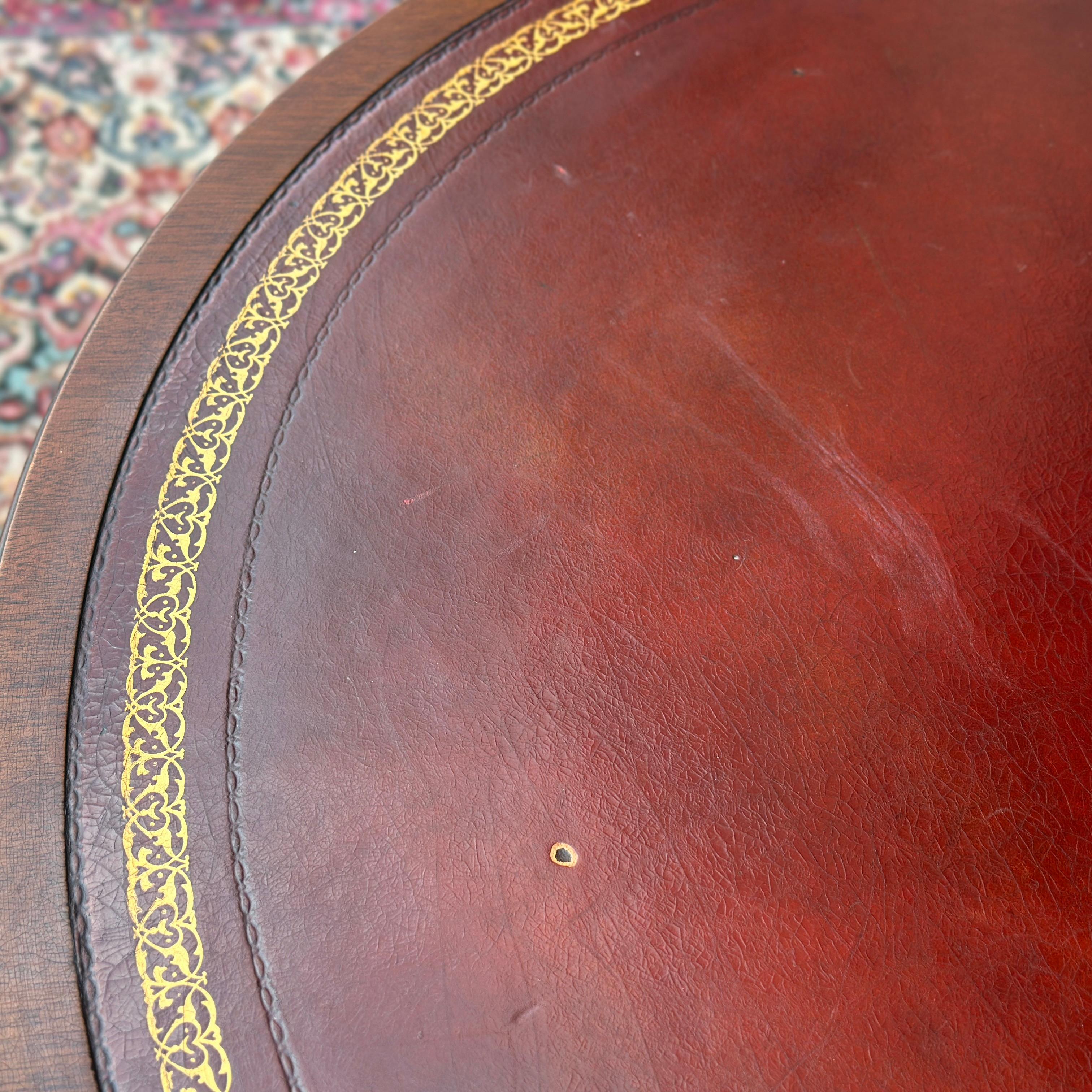 Vintage Regency Style Mahogany Rotating Drum Tooled Leather Top Rent Table For Sale 3
