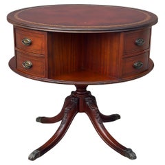 Vintage Regency Style Mahogany Rotating Drum Tooled Leather Top Rent Table