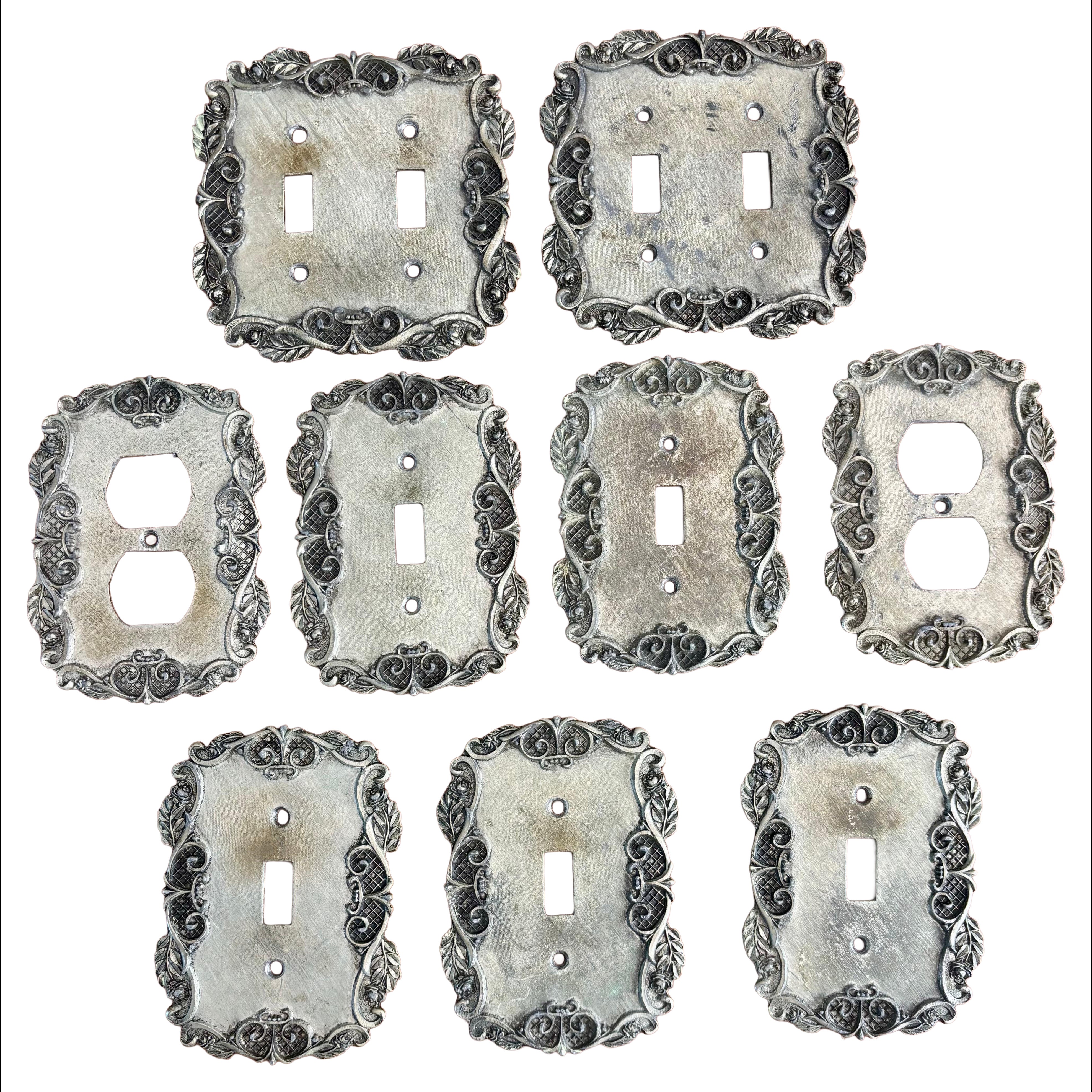Vintage Regency-Style Metal Light Switch Plates with Floral Scrollwork Set of 9