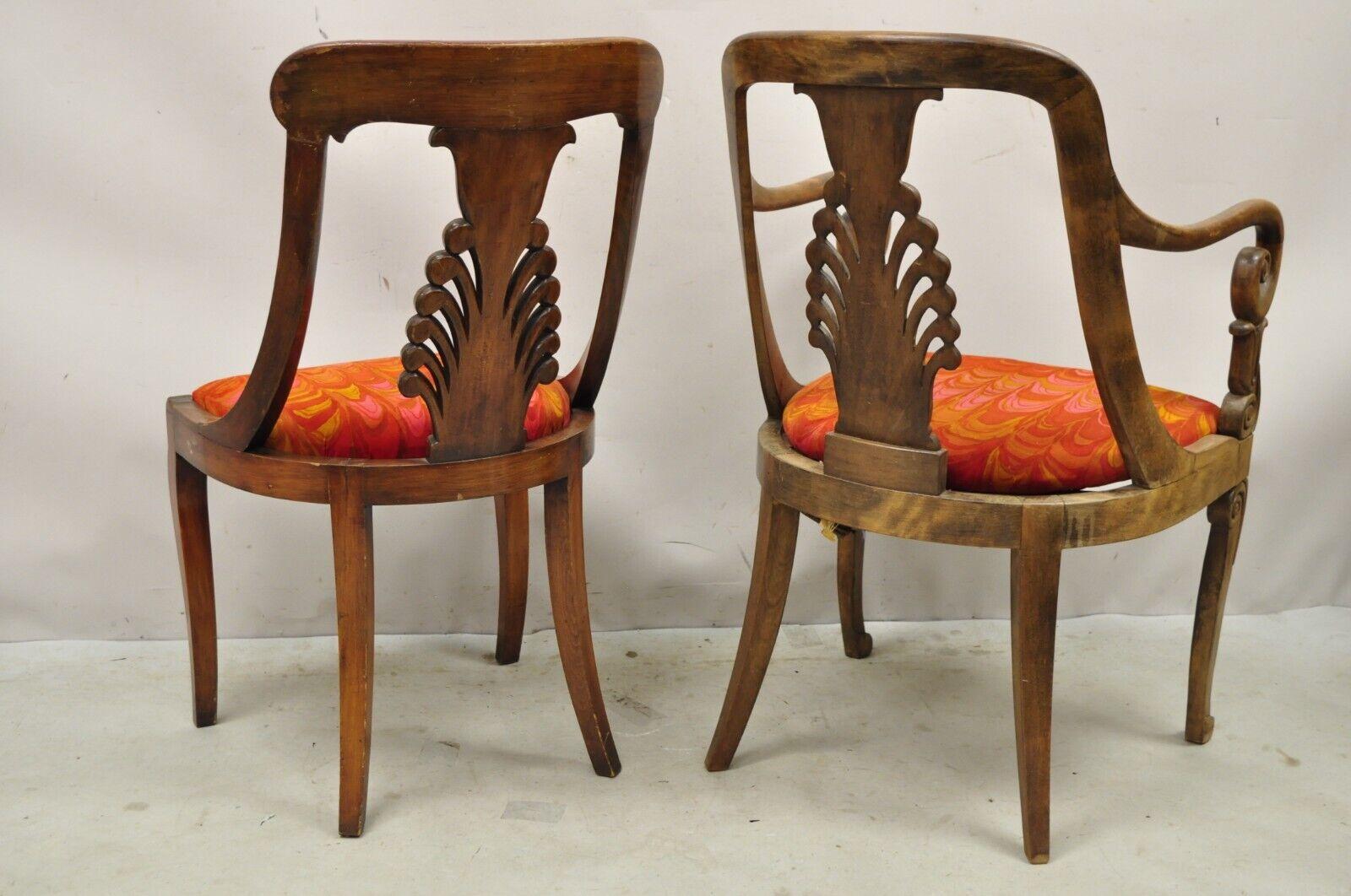 Vintage Regency Style Plume Carved Walnut Saber Leg Dining Chairs - Set of 6 For Sale 5