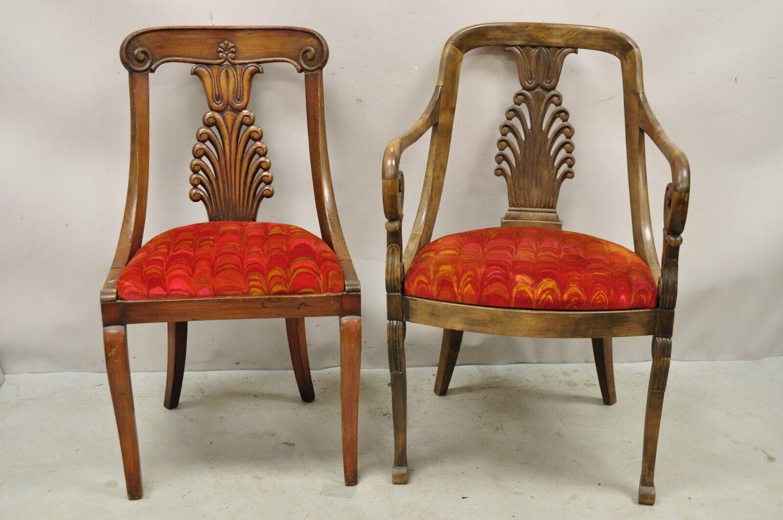 Vintage Regency Style Plume Carved Walnut Saber Leg Dining Chairs - Set of 6 For Sale 7