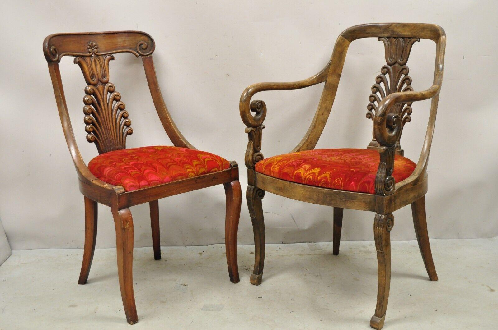 Vintage Regency Style Plume Carved Walnut Saber Leg Dining Chairs - Set of 6 In Good Condition For Sale In Philadelphia, PA