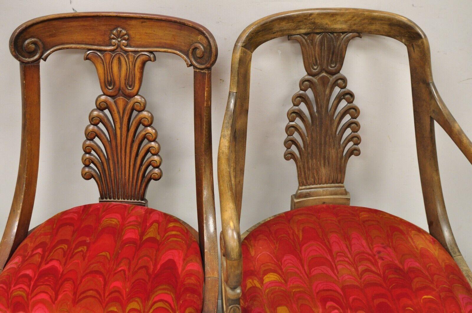 20th Century Vintage Regency Style Plume Carved Walnut Saber Leg Dining Chairs - Set of 6 For Sale