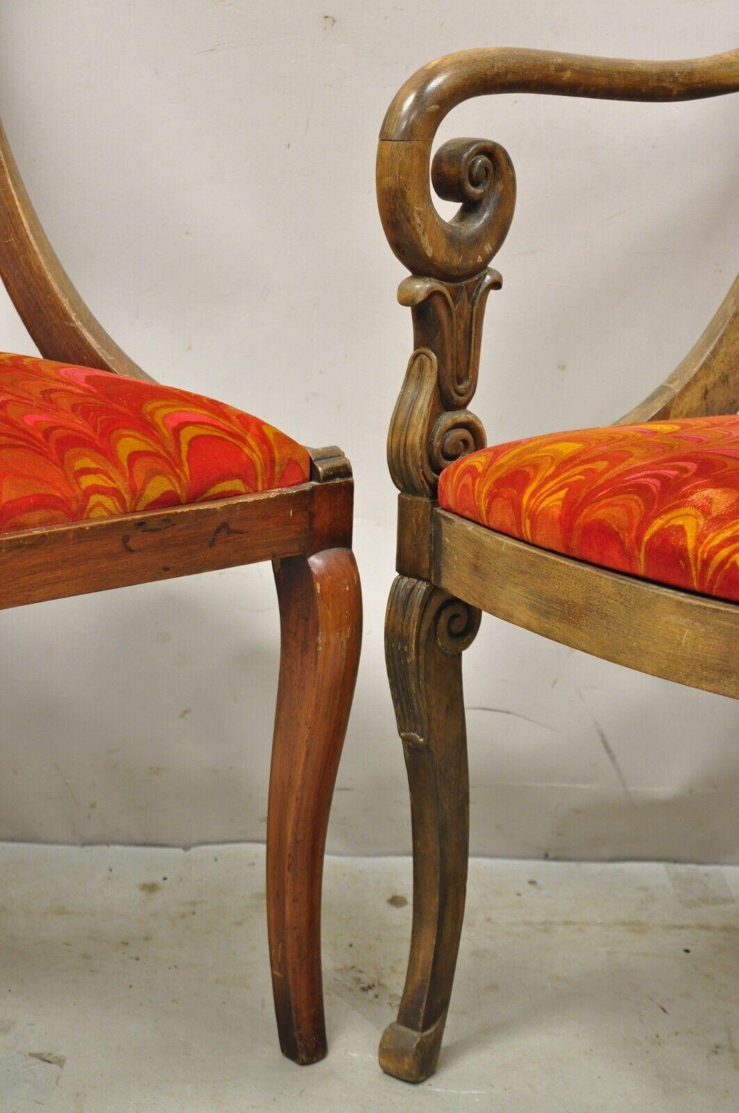 Vintage Regency Style Plume Carved Walnut Saber Leg Dining Chairs - Set of 6 For Sale 1